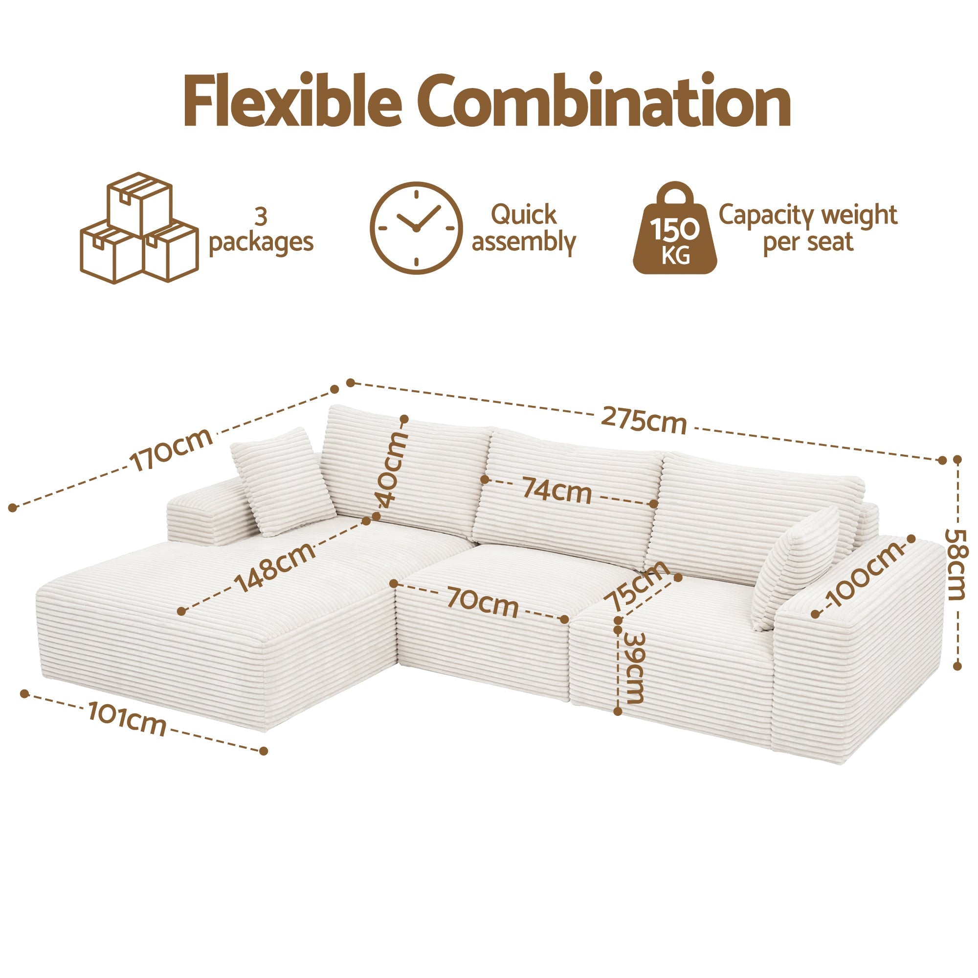3 Seater Modular Sofa Bed Sectional Boneless Couches for Living Room Corduroy Compressed Sofa White - Furniture > Sofas > Sofas & Sofa Beds - Rivercity House & Home Co. (ABN 18 642 972 209) - Affordable Modern Furniture Australia