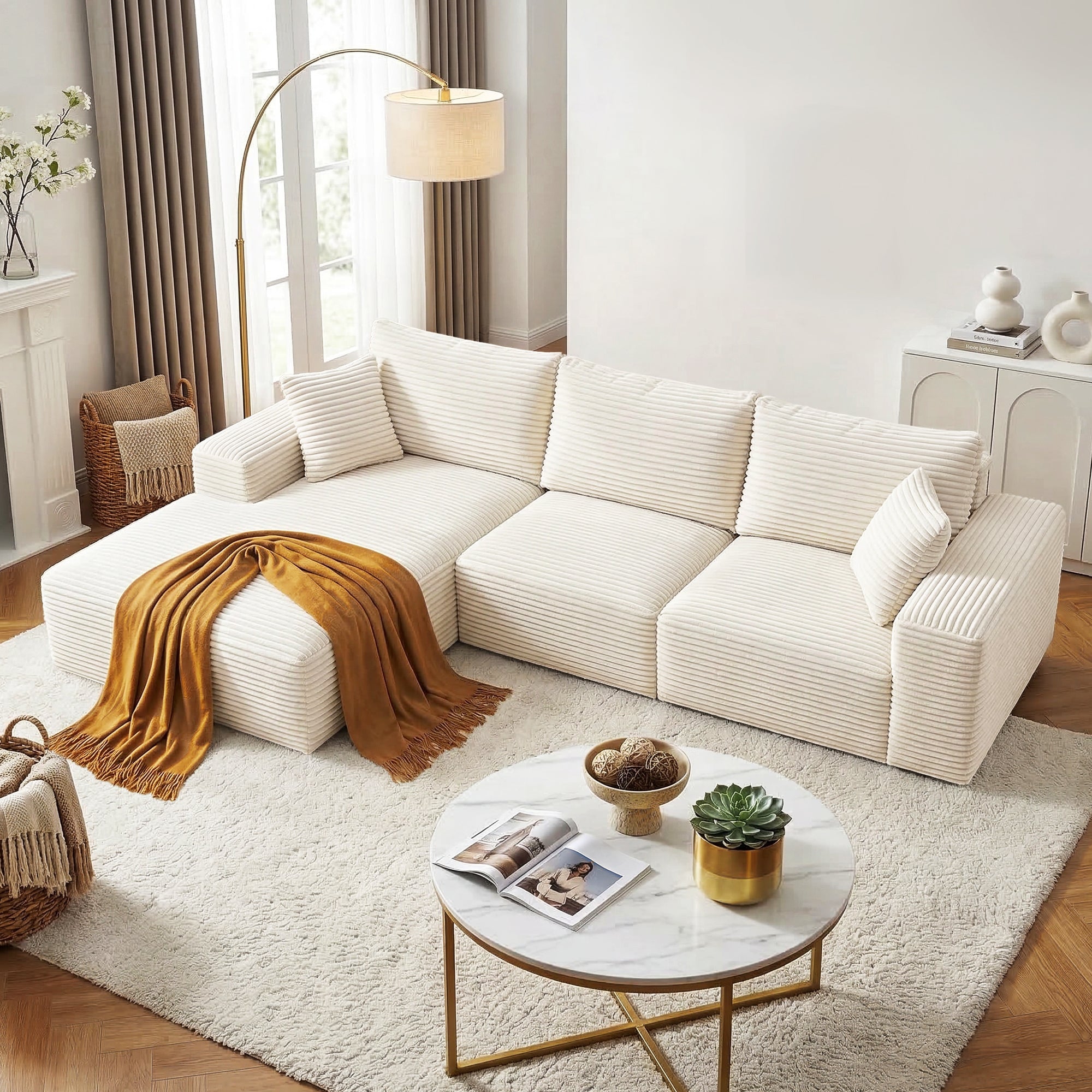 3 Seater Modular Sofa Bed Sectional Boneless Couches for Living Room Corduroy Compressed Sofa White - Furniture > Sofas > Sofas & Sofa Beds - Rivercity House & Home Co. (ABN 18 642 972 209) - Affordable Modern Furniture Australia