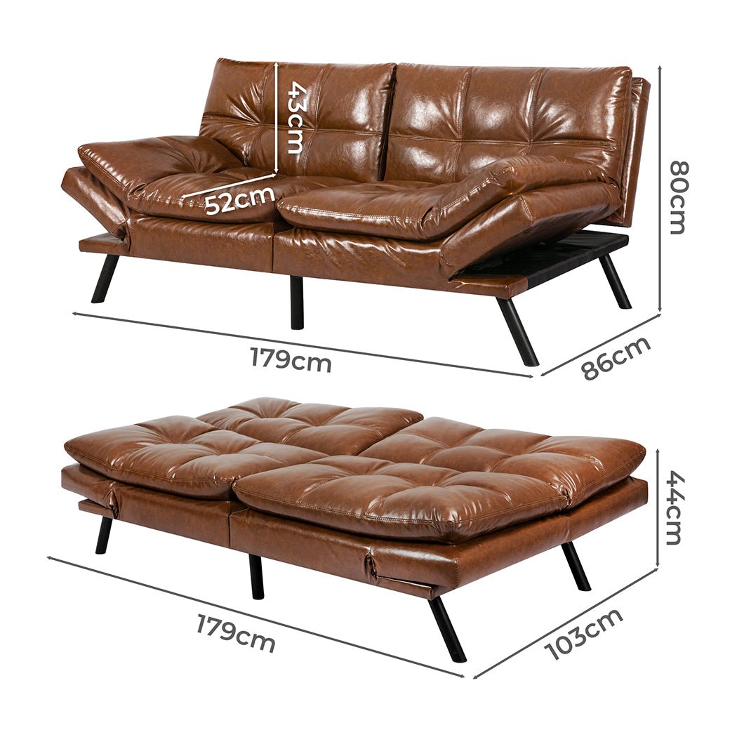 3 - Seater PU Leather Sofa Bed Futon Recliner Lounge - Brown - Rivercity House & Home Co. (ABN 18 642 972 209) - Affordable Modern Furniture Australia