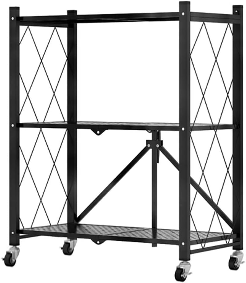 3 - Tier Foldable Storage Shelf with Wheels for Kitchen, Garage, Pantry or Basement (Black) - Home & Garden > DIY > Kitchen & Bathroom DIY - Rivercity House & Home Co. (ABN 18 642 972 209) - Affordable Modern Furniture Australia