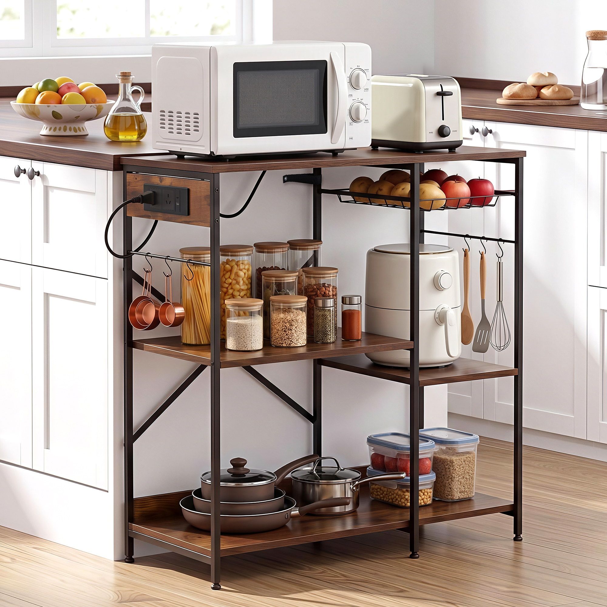 3 - Tier Kitchen Rack with 2 Power Outlets Microwave Storage Shelf 6 Hooks 90CM - Home & Garden > Kitchenware > Kitchen Utensils - Rivercity House & Home Co. (ABN 18 642 972 209) - Affordable Modern Furniture Australia