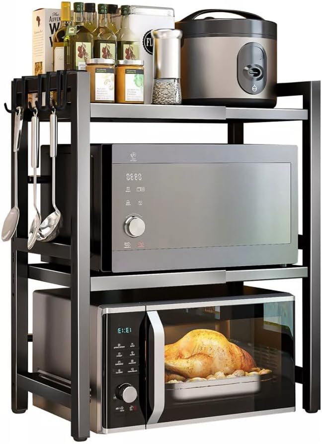 3 - Tier Microwave Oven Rack with Adjustable Metal Kitchen Shelf Stand for Countertop Storage and 6 Hooks for Utensils - Home & Garden > DIY > Kitchen & Bathroom DIY - Rivercity House & Home Co. (ABN 18 642 972 209) - Affordable Modern Furniture Australia
