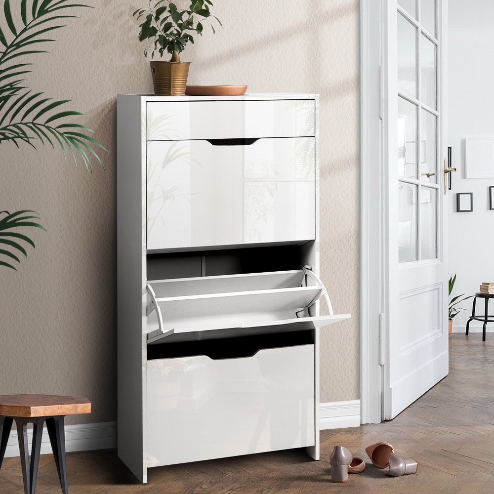3 Tier Shoe Cabinet High Gloss White - Rivercity House & Home Co. (ABN 18 642 972 209) - Affordable Modern Furniture Australia