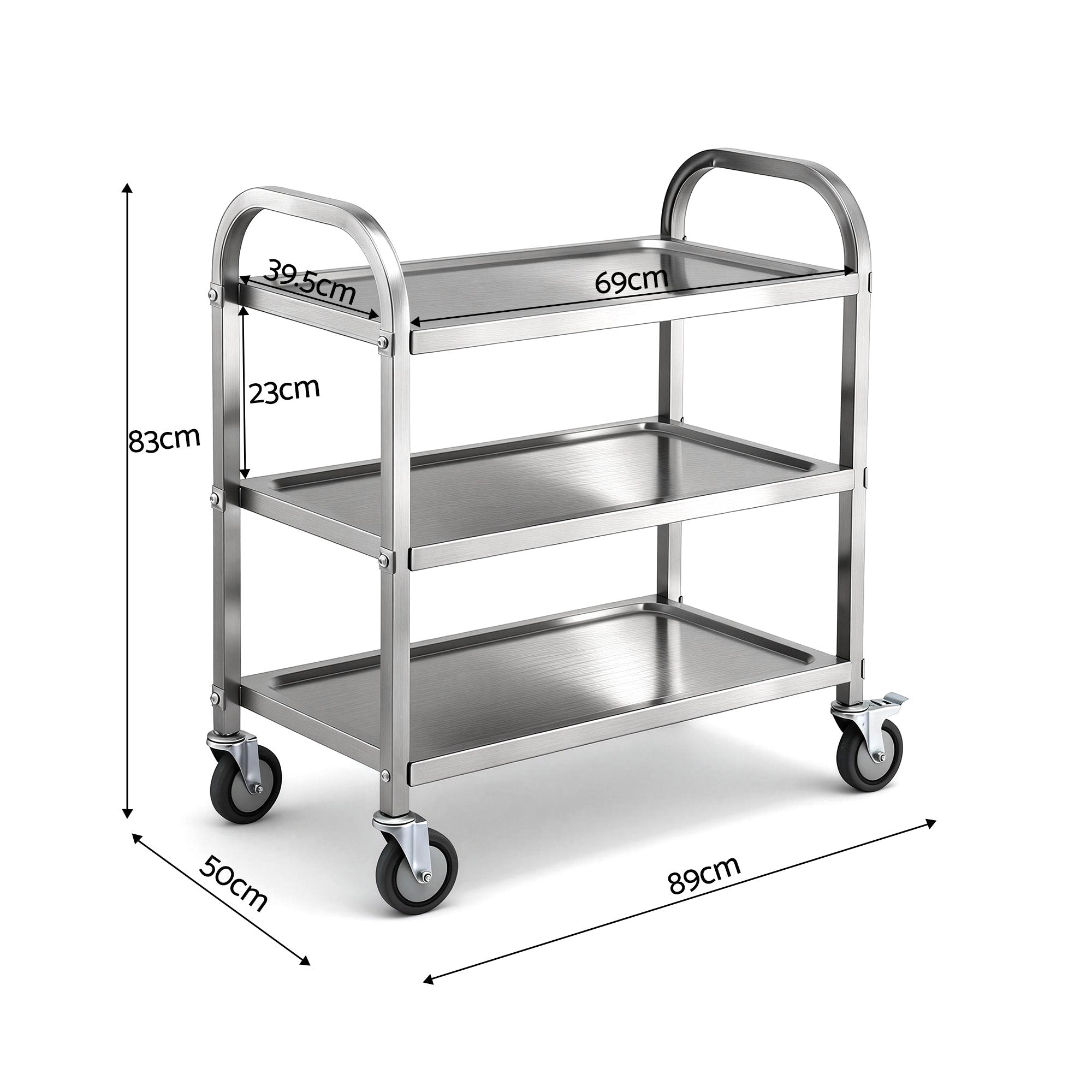 3 - Tier Stainless Steel Kitchen Trolley with Wheels 89X50X83cm - Furniture > Dining > Kitchen Sinks - Rivercity House & Home Co. (ABN 18 642 972 209) - Affordable Modern Furniture Australia