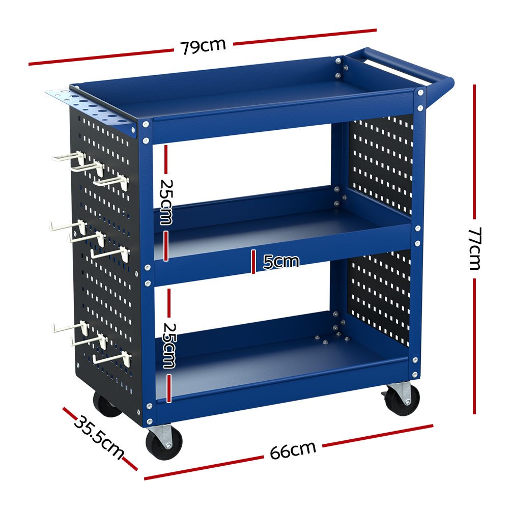 3 - Tier Tool Cart Storage Trolley Workshop Garage Pegboard Hooks Blue - Tools > Tools Storage > Utility Trolleys - Rivercity House & Home Co. (ABN 18 642 972 209) - Affordable Modern Furniture Australia