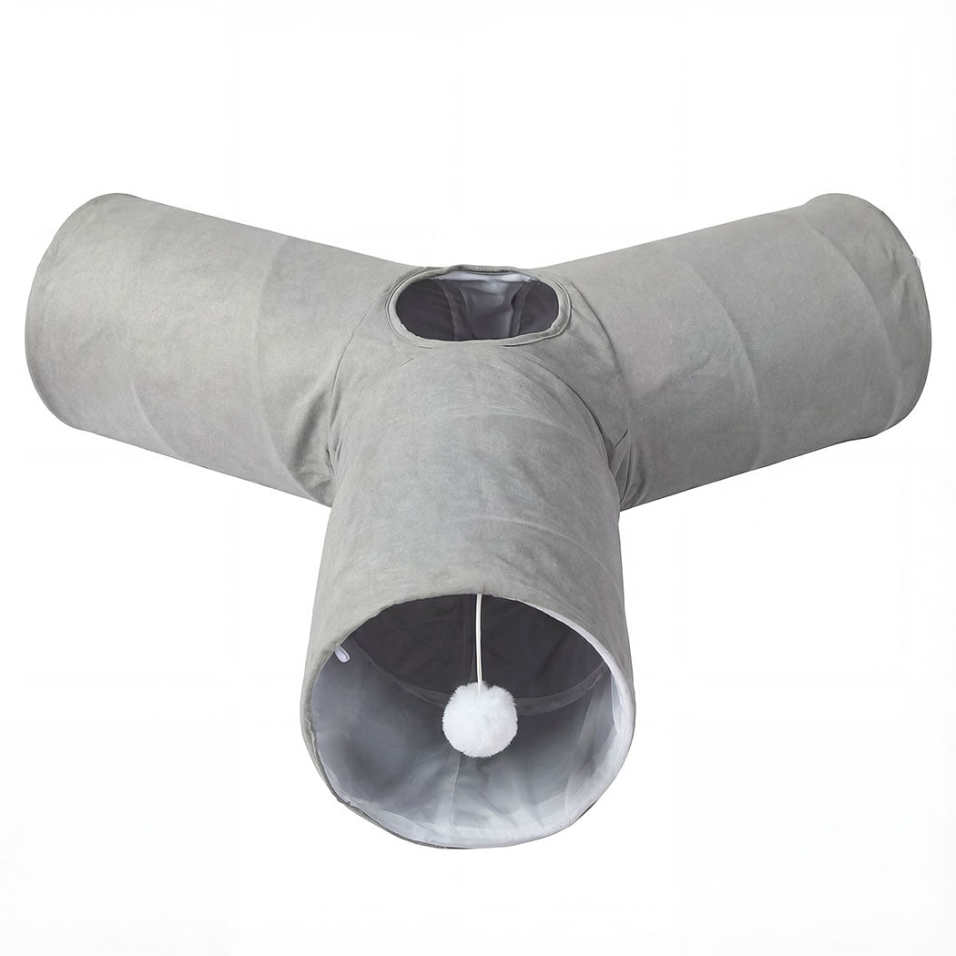 3 - Way Foldable Cat Tunnel Toy with 2 Hanging Balls - Grey - Rivercity House & Home Co. (ABN 18 642 972 209) - Affordable Modern Furniture Australia