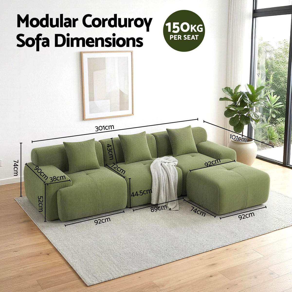 300cm Modular Sofa Bed Comfort L - Shaped Sectional Boneless Couch Green - Furniture > Sofas > Sofas & Sofa Beds - Rivercity House & Home Co. (ABN 18 642 972 209) - Affordable Modern Furniture Australia