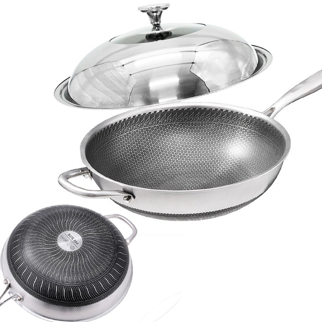 304 Stainless Steel 32cm Non - Stick Stir Fry Cooking Kitchen Wok Pan with Lid Honeycomb Double Sided - Home & Garden > Kitchenware - Rivercity House & Home Co. (ABN 18 642 972 209) - Affordable Modern Furniture Australia