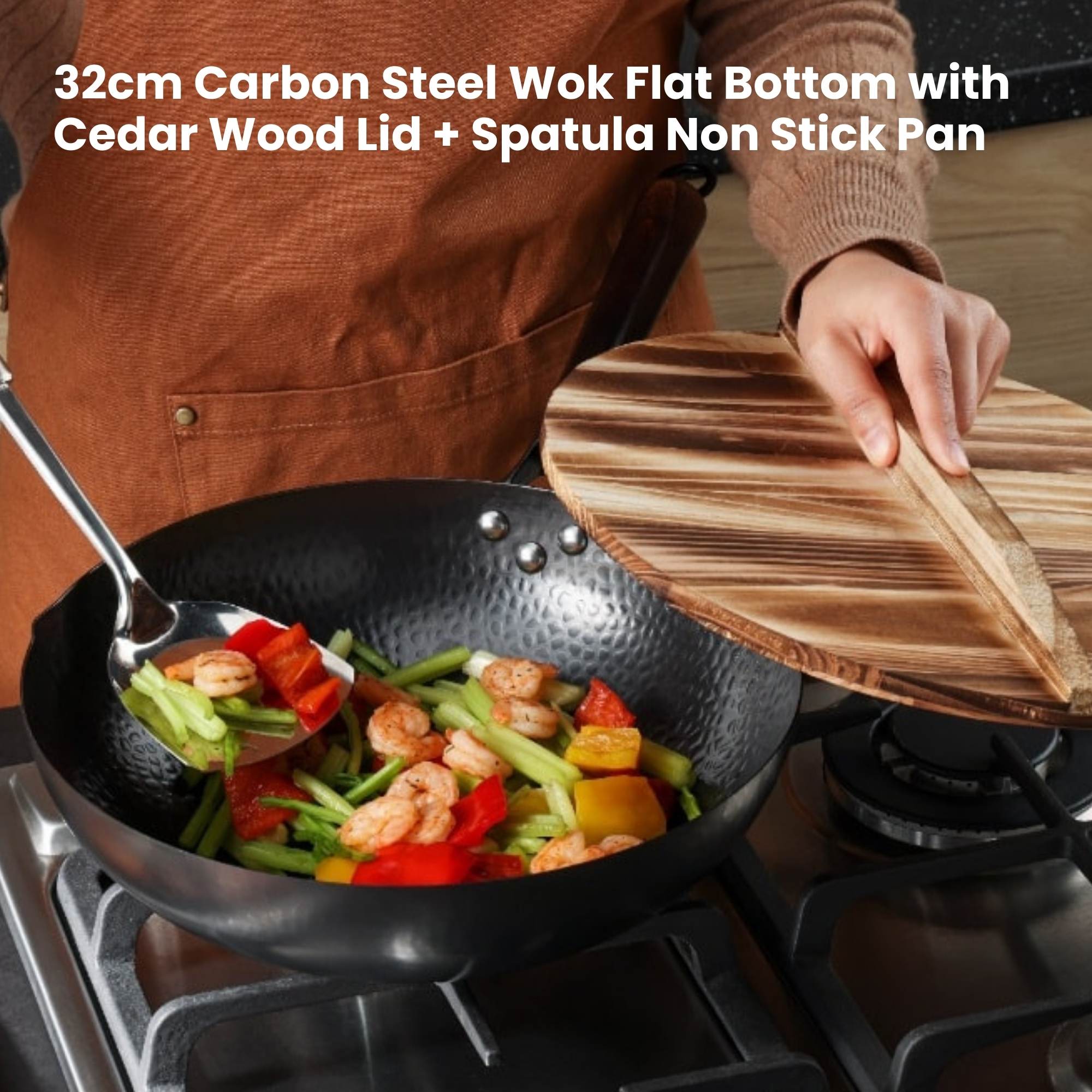 32cm Carbon Steel Wok Set Flat Bottom with Wood Lid + Spatula - Induction Ready - Home & Garden > Kitchenware > Skillets & Frying Pans - Rivercity House & Home Co. (ABN 18 642 972 209) - Affordable Modern Furniture Australia
