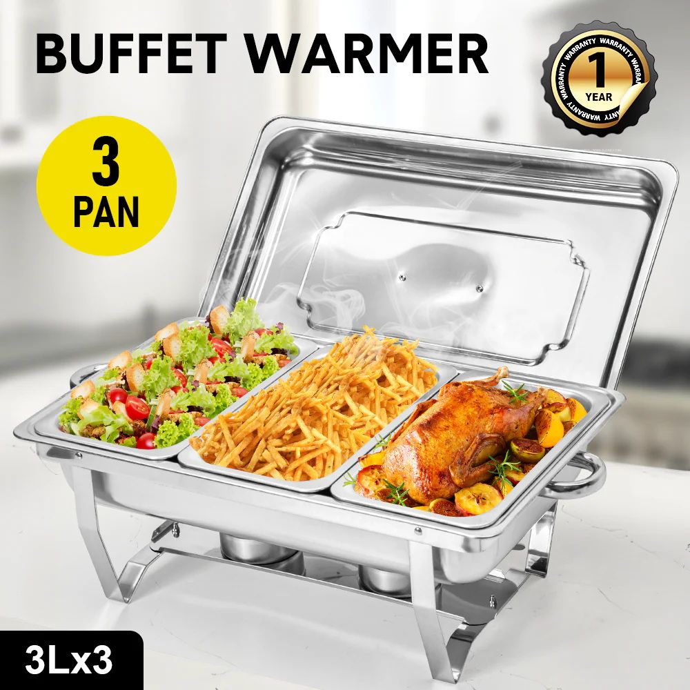 3LX3 Chafing Dish Set, Premium 410 Stainless Steel Buffet Warmer, Bain Marie Food Server with Fuel Holders & Lid, Stackable Catering Equipment for Hotels, Parties, Weddings & Banquets, Silver - Appliances > Kitchen Appliances > Food Warmers & Chafing Dishes - Rivercity House & Home Co. (ABN 18 642 972 209) - Affordable Modern Furniture Australia