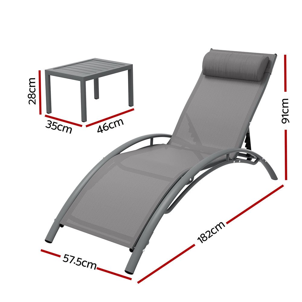 3PC Sun Lounge Outdoor Lounger Steel Table Chairs Patio Furniture Grey - Furniture > Outdoor - Rivercity House & Home Co. (ABN 18 642 972 209) - Affordable Modern Furniture Australia