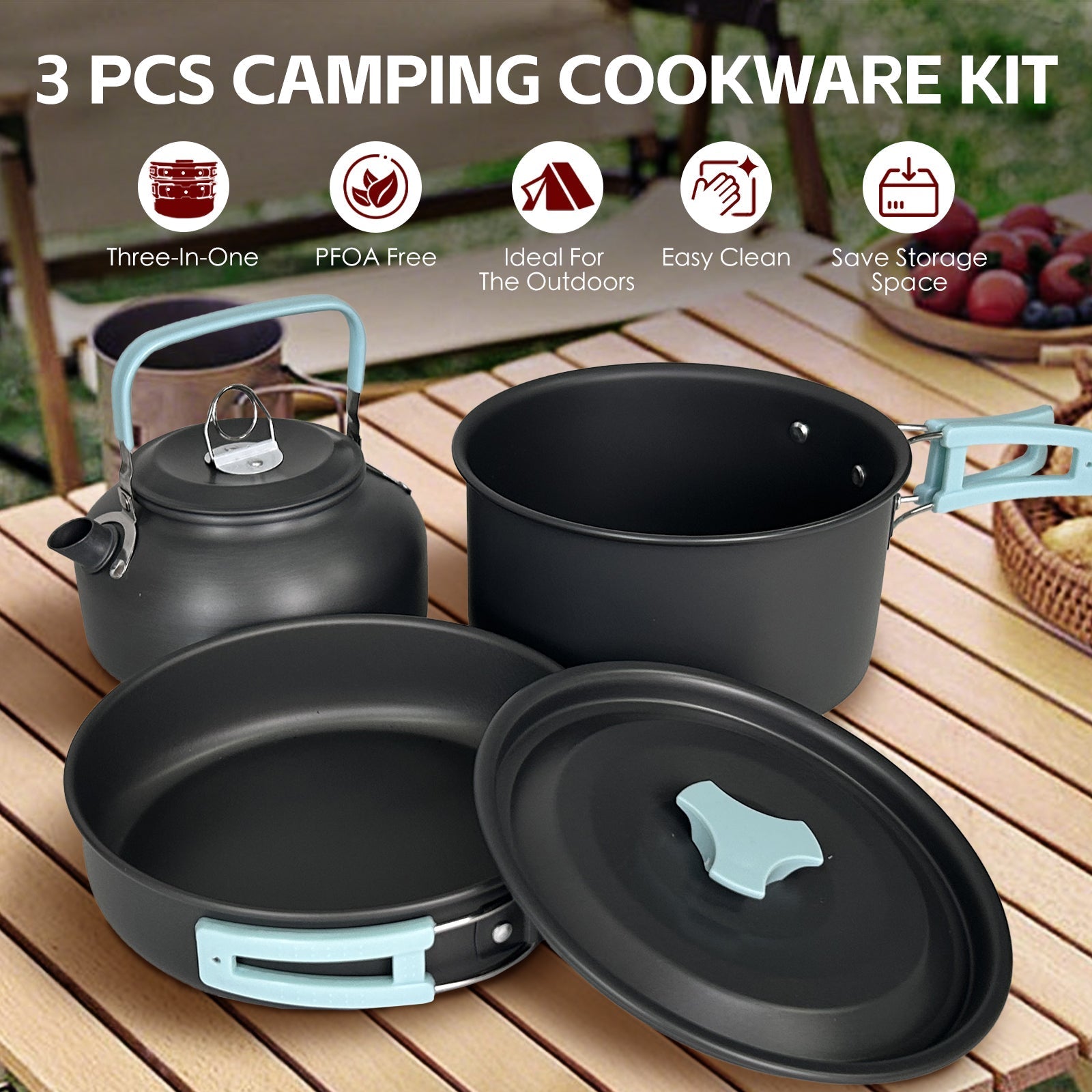 3Pcs Camping Cooking Set – Lightweight Anodised Aluminium Outdoor Cookware Kit with Heat - Resistant Handles - Outdoor Recreation > Camping > Camping Appliances - Rivercity House & Home Co. (ABN 18 642 972 209) - Affordable Modern Furniture Australia