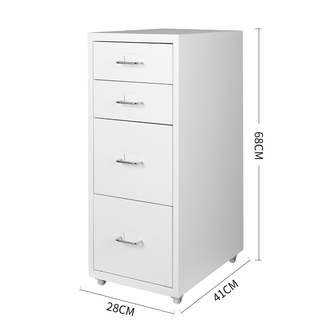 4 Drawer Steel Office Filing Cabinet with Wheels and Label Holders - White - Rivercity House & Home Co. (ABN 18 642 972 209) - Affordable Modern Furniture Australia