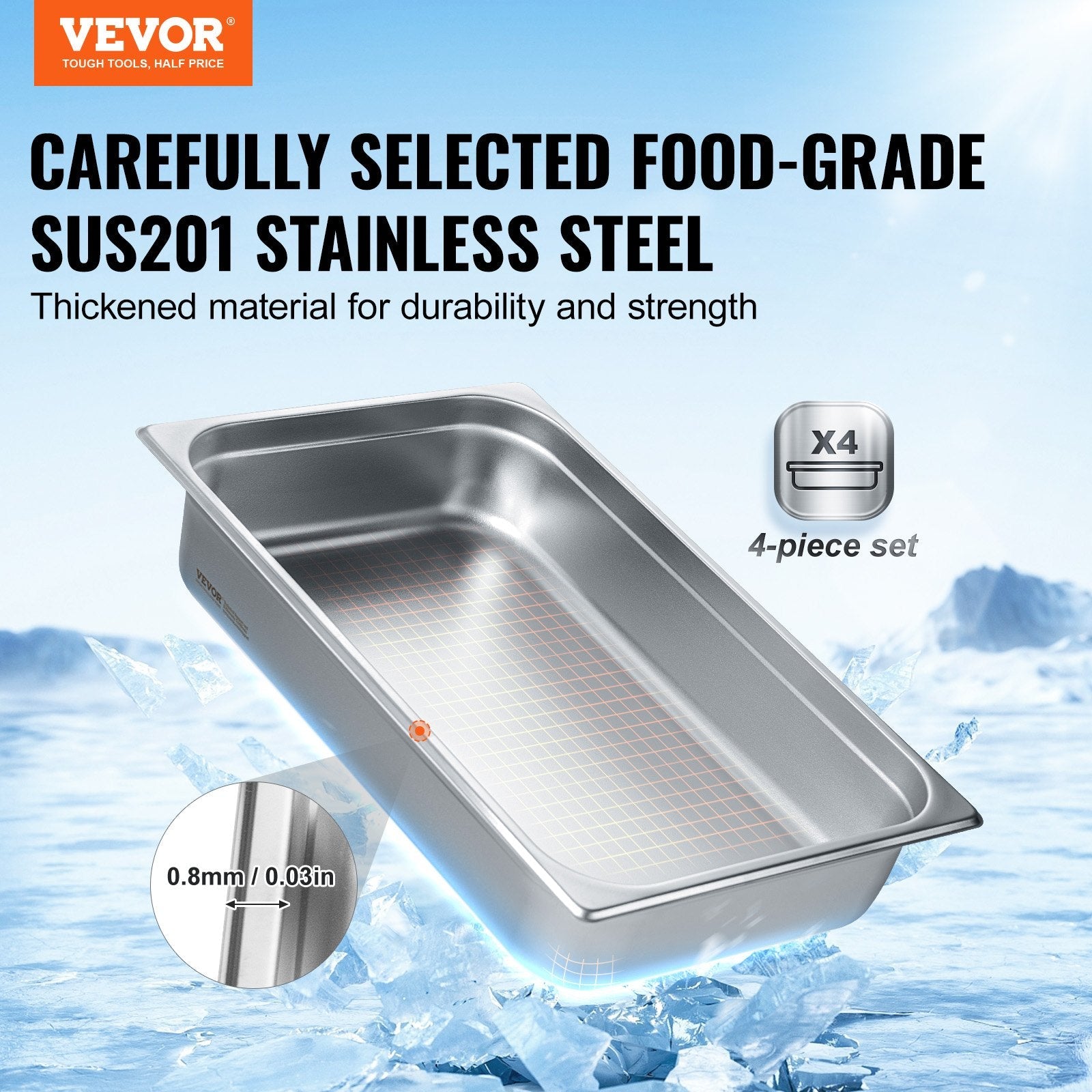 4 Pack Hotel Pans, Full Size Anti - Jam Steam Pan with Lid, 0.8mm Thick Stainless Steel Steam Table Pan, 4 - Inch Deep Commercial Table Pan, Catering Storage Food Pan, for Industrial & Scientific - Home & Garden > Kitchenware > Food Storage - Rivercity House & Home Co. (ABN 18 642 972 209) - Affordable Modern Furniture Australia