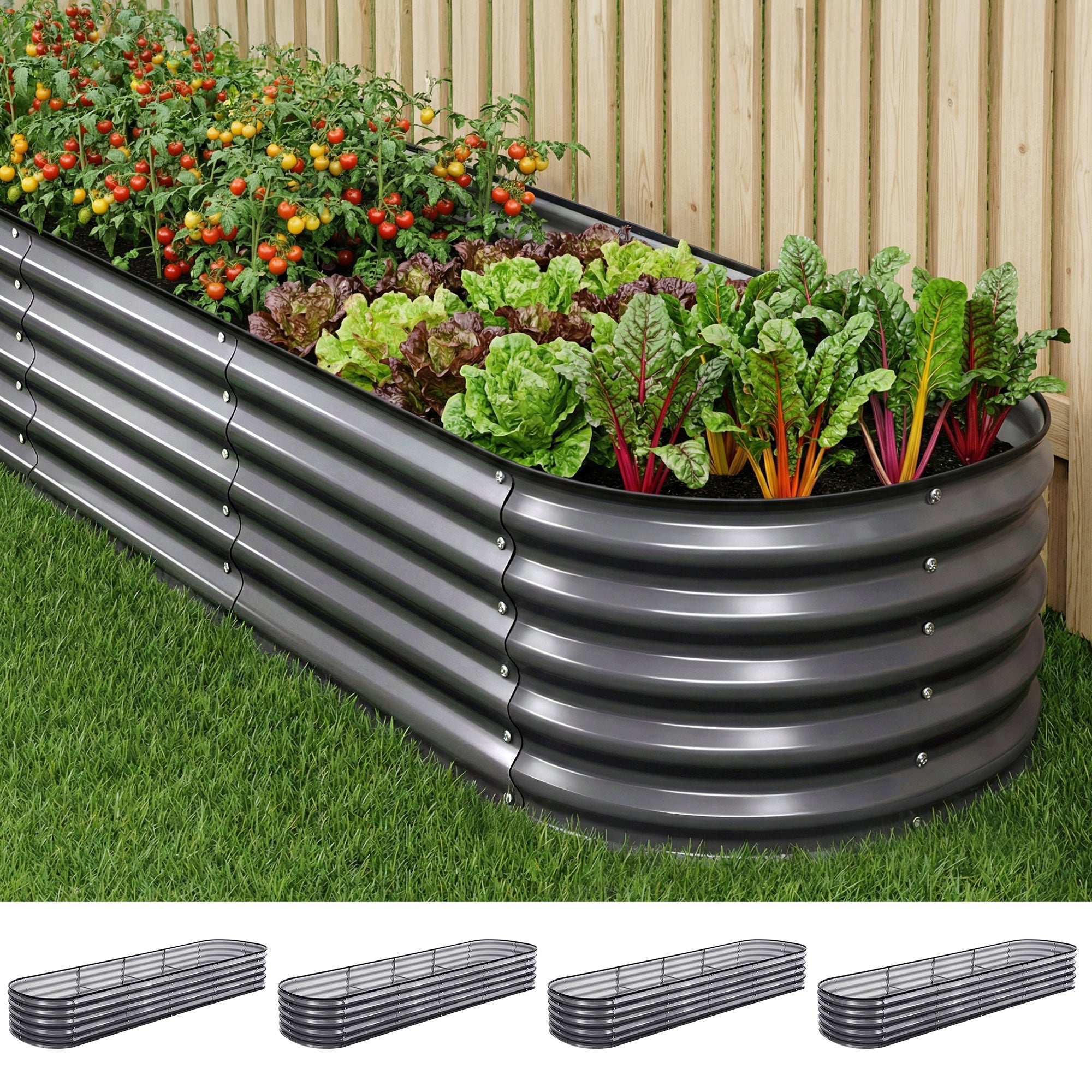 4 Pcs Raised Garden Bed Kit Oval Galvanized Steel Planter Boxes 320x80x42cm, Heavy Duty Metal Elevated Garden Bed for Vegetables Flowers Herbs, with Safety Edging, Gloves & Pegs Included - Home & Garden > Garden Beds > Garden Beds & Planters - Rivercity House & Home Co. (ABN 18 642 972 209) - Affordable Modern Furniture Australia