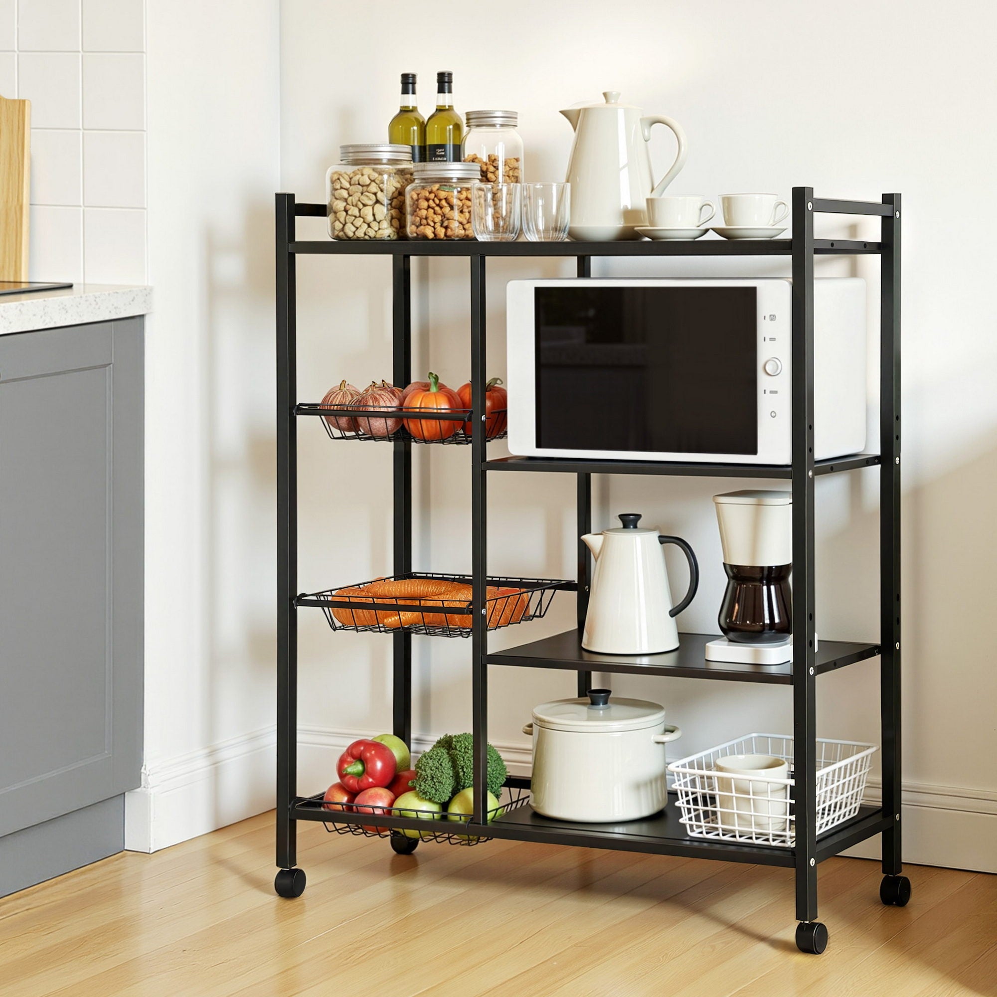 4 - Tier Kitchen Microwave Storage Rack with 3 Baskets and Wheels - Dark Grey - Appliances > Kitchen Appliances > Kitchen Appliance Accessories - Rivercity House & Home Co. (ABN 18 642 972 209) - Affordable Modern Furniture Australia