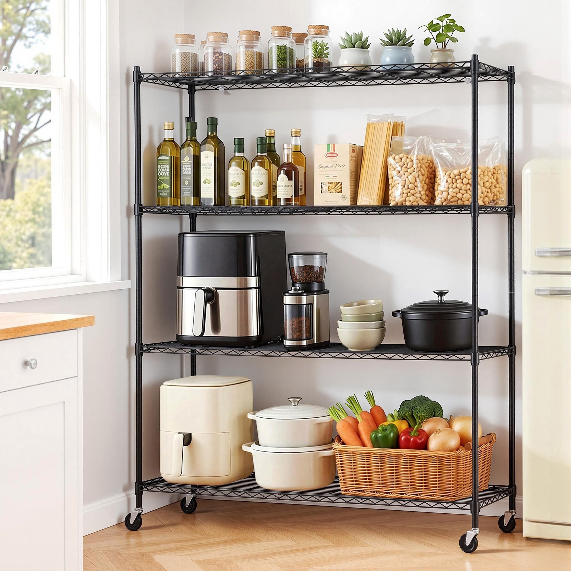 4 - Tier Kitchen Rack Shelf with Wheels Shelving 152x45x187CM Adjustable Metal Storage Shelves - Home & Garden > Kitchenware > Kitchen Utensils - Rivercity House & Home Co. (ABN 18 642 972 209) - Affordable Modern Furniture Australia