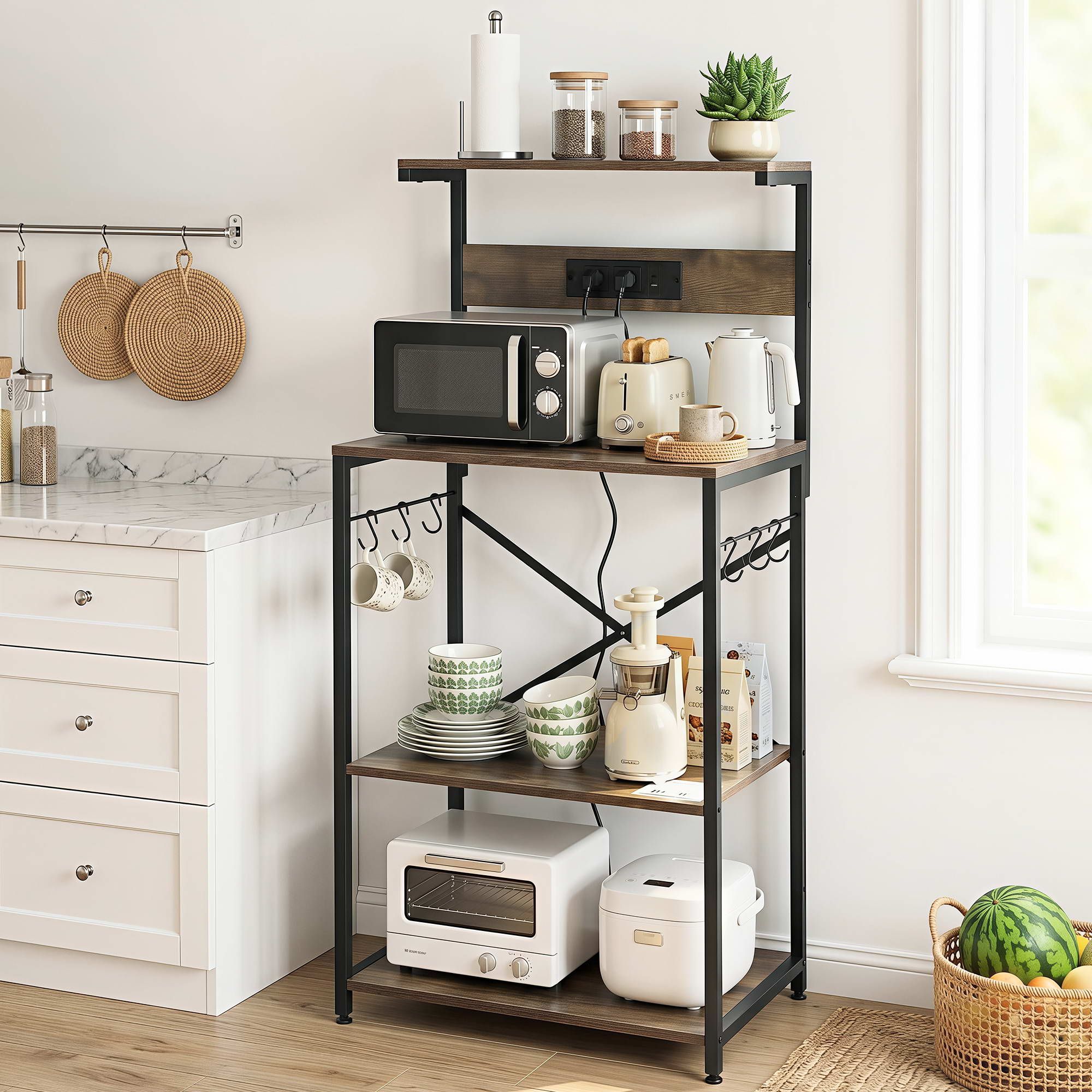 4 - Tier Kitchen Rack with 2 Power Outlets 6 Hooks Microwave Storage Shelf - Home & Garden > Kitchenware > Kitchen Utensils - Rivercity House & Home Co. (ABN 18 642 972 209) - Affordable Modern Furniture Australia