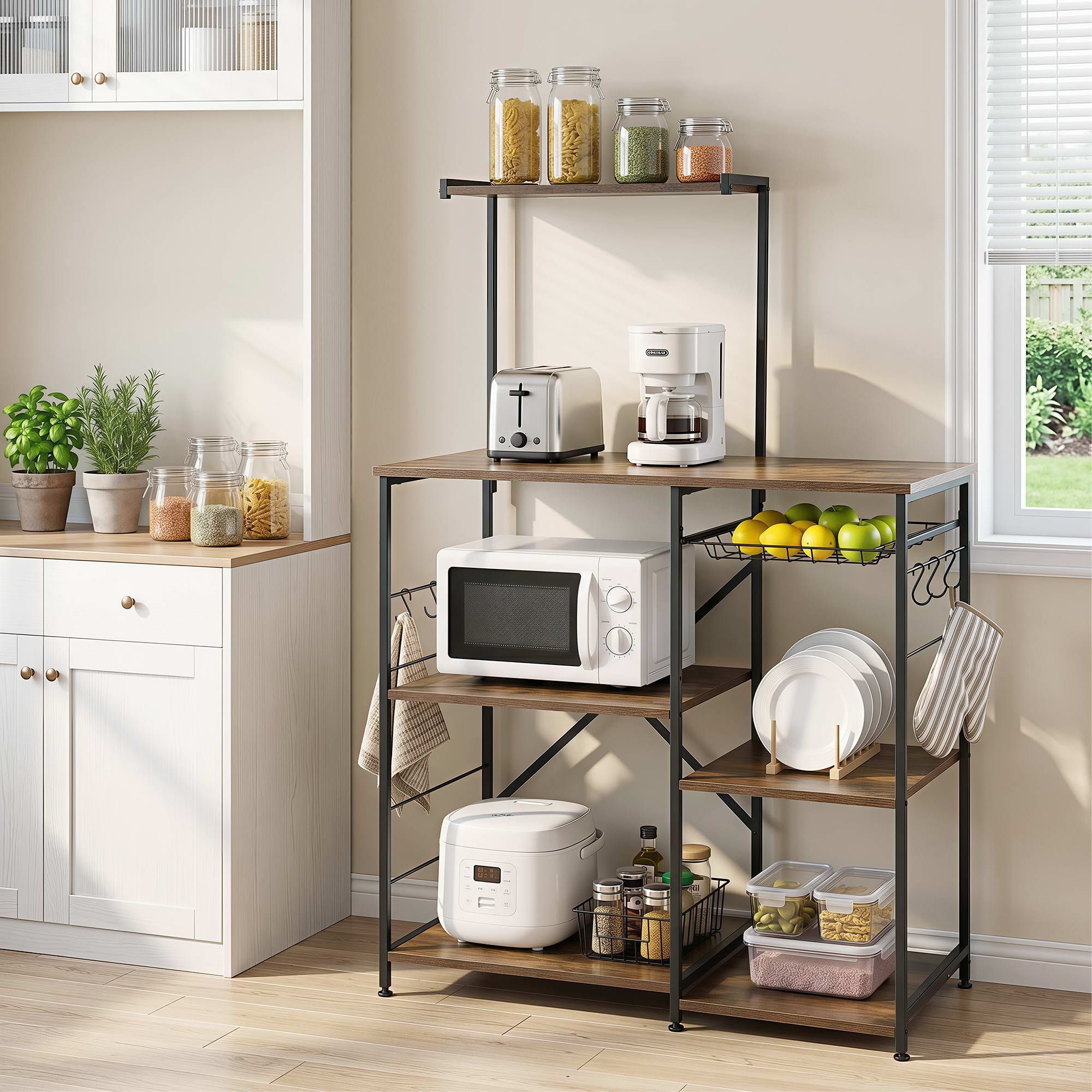 4 - Tier Kitchen Rack with Pull Out Basket 6 Hooks Microwave Storage Shelf - Home & Garden > Kitchenware > Kitchen Utensils - Rivercity House & Home Co. (ABN 18 642 972 209) - Affordable Modern Furniture Australia