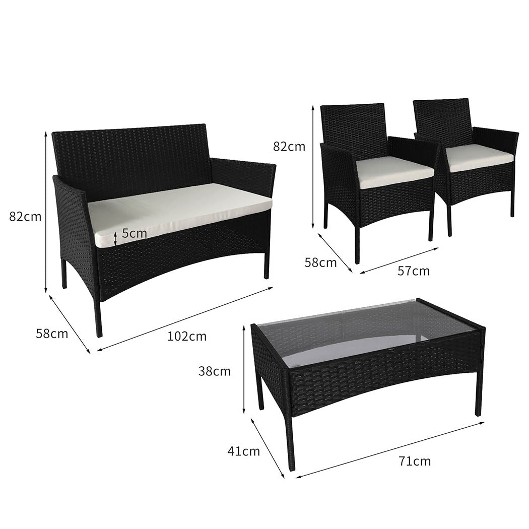 4PCS Outdoor Furniture Set with Cushions and Tempered Glass Tabletop - Black - Rivercity House & Home Co. (ABN 18 642 972 209) - Affordable Modern Furniture Australia