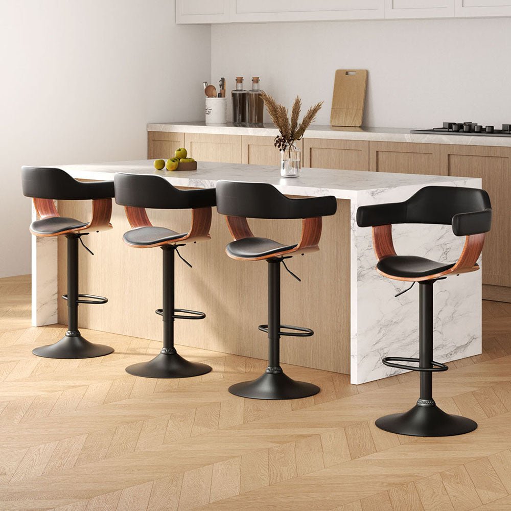 4x Bar Stools Gas Lift Leather w/Armrest All Black - Furniture > Bar Stools & Chairs > Table & Bar Stools - Rivercity House & Home Co. (ABN 18 642 972 209) - Affordable Modern Furniture Australia