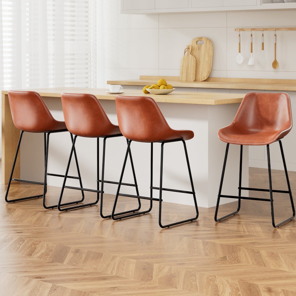 4x Bar Stools Leather Padded Metal Legs Brown - Furniture > Bar Stools & Chairs > Massage Chairs - Rivercity House & Home Co. (ABN 18 642 972 209) - Affordable Modern Furniture Australia