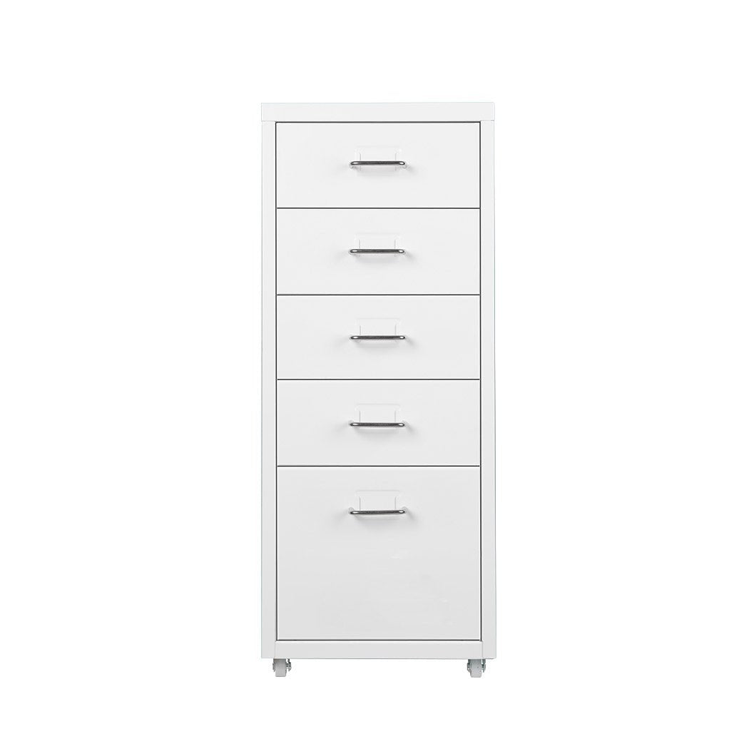 5 Drawer Steel Office Filing Cabinet with Wheels and Label Holders - White - Rivercity House & Home Co. (ABN 18 642 972 209) - Affordable Modern Furniture Australia