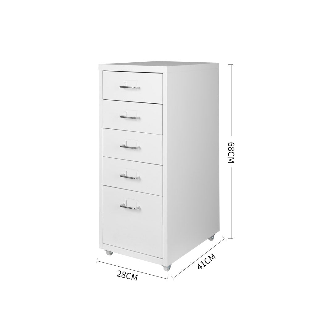 5 Drawer Steel Office Filing Cabinet with Wheels and Label Holders - White - Rivercity House & Home Co. (ABN 18 642 972 209) - Affordable Modern Furniture Australia