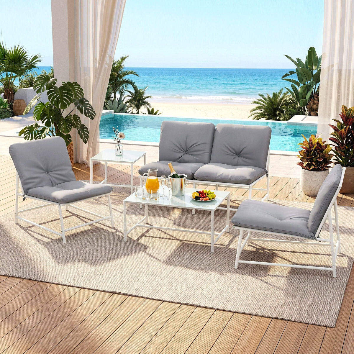 5-Piece Outdoor Sofa Set with Cushions, Table and Chairs - White - Furniture > Outdoor > Outdoor Sofas & Lounge Sets - Rivercity House & Home Co. (ABN 18 642 972 209) - Affordable Modern Furniture Australia