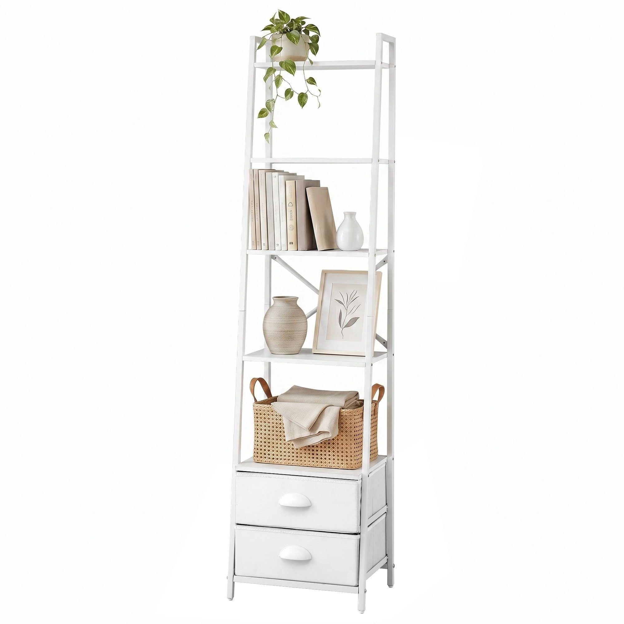 5 Tier Bookshelf Ladder Bookcase with Fabric Drawers Display Rack White - Furniture > Living Room > Bookcases & Shelves - Rivercity House & Home Co. (ABN 18 642 972 209) - Affordable Modern Furniture Australia