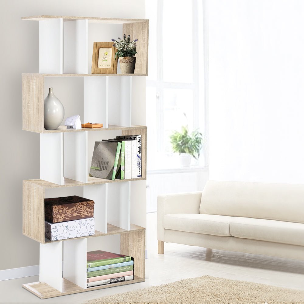 5 Tier Display Shelf (White & Wood Oak) - Furniture - Rivercity House & Home Co. (ABN 18 642 972 209) - Affordable Modern Furniture Australia