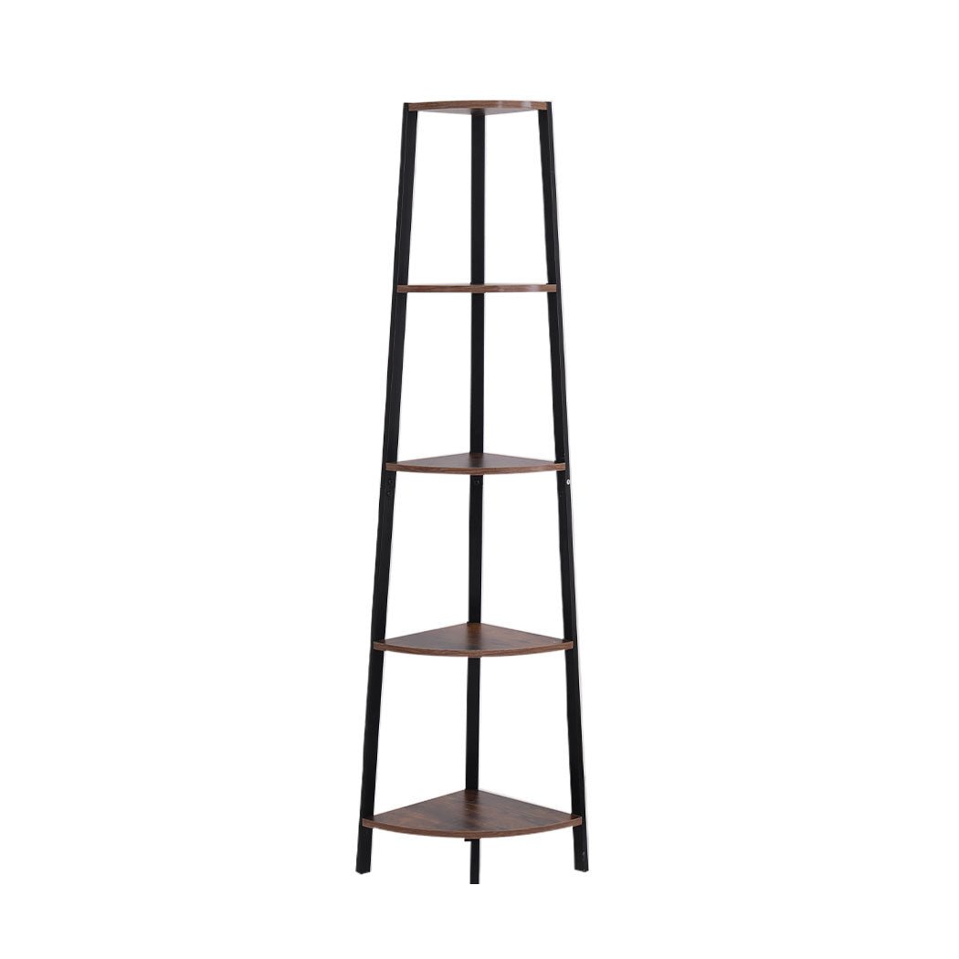 5 Tier Industrial Corner Shelf Ladder Bookcase - Brown - Rivercity House & Home Co. (ABN 18 642 972 209) - Affordable Modern Furniture Australia