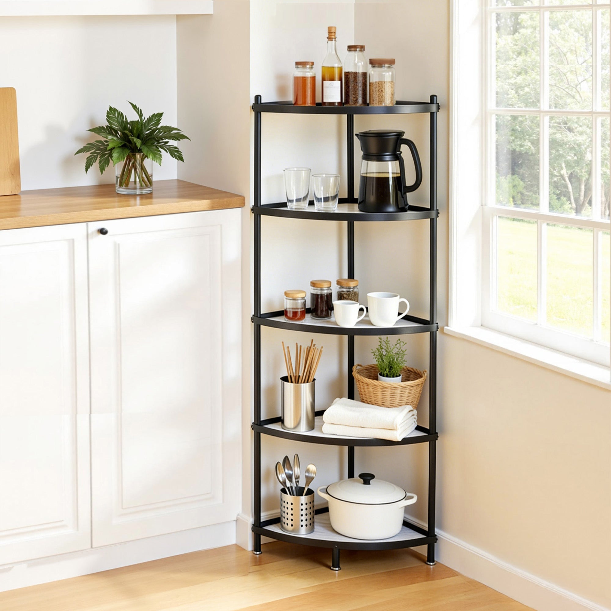 5 - Tier Metal Kitchen Corner Shelf Rack Stand Storage Shelves - Black - Appliances > Kitchen Appliances > Kitchen Appliance Accessories - Rivercity House & Home Co. (ABN 18 642 972 209) - Affordable Modern Furniture Australia