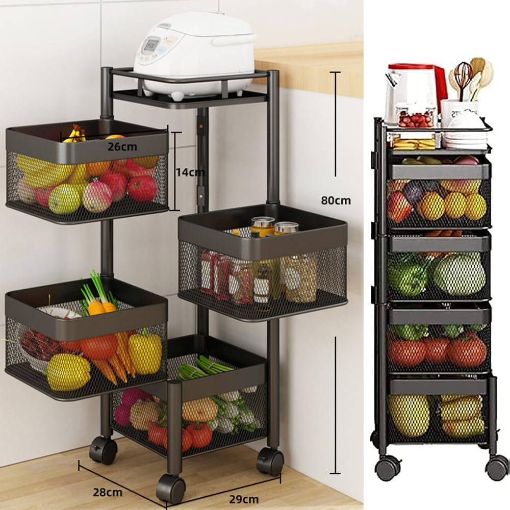 5 - Tier Rolling Metal Vegetable and Fruit Basket Cart Stand for Kitchen & Storage - Black - Home & Garden > Kitchenware > Food Storage - Rivercity House & Home Co. (ABN 18 642 972 209) - Affordable Modern Furniture Australia