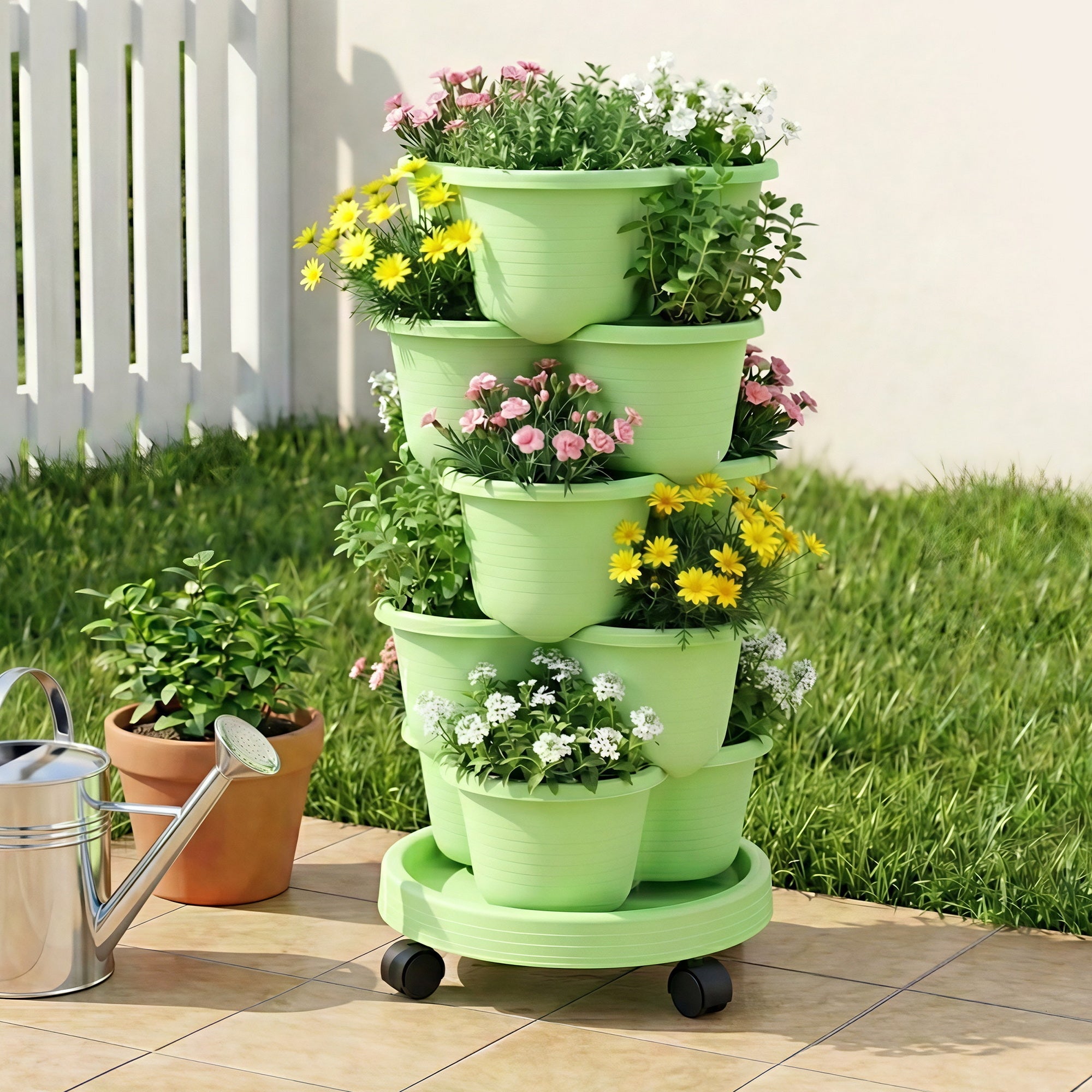5 Tier Vertical Garden Planter, Stackable Planters with Wheels, Light Green, Garden Bed, Garden Tower Indoor Outdoor, Auto Drainage System, for Strawberries, Herbs, Flowers, Vegetables - Home & Garden > Artificial Plants > Pots, Planters & Accessories - Rivercity House & Home Co. (ABN 18 642 972 209) - Affordable Modern Furniture Australia