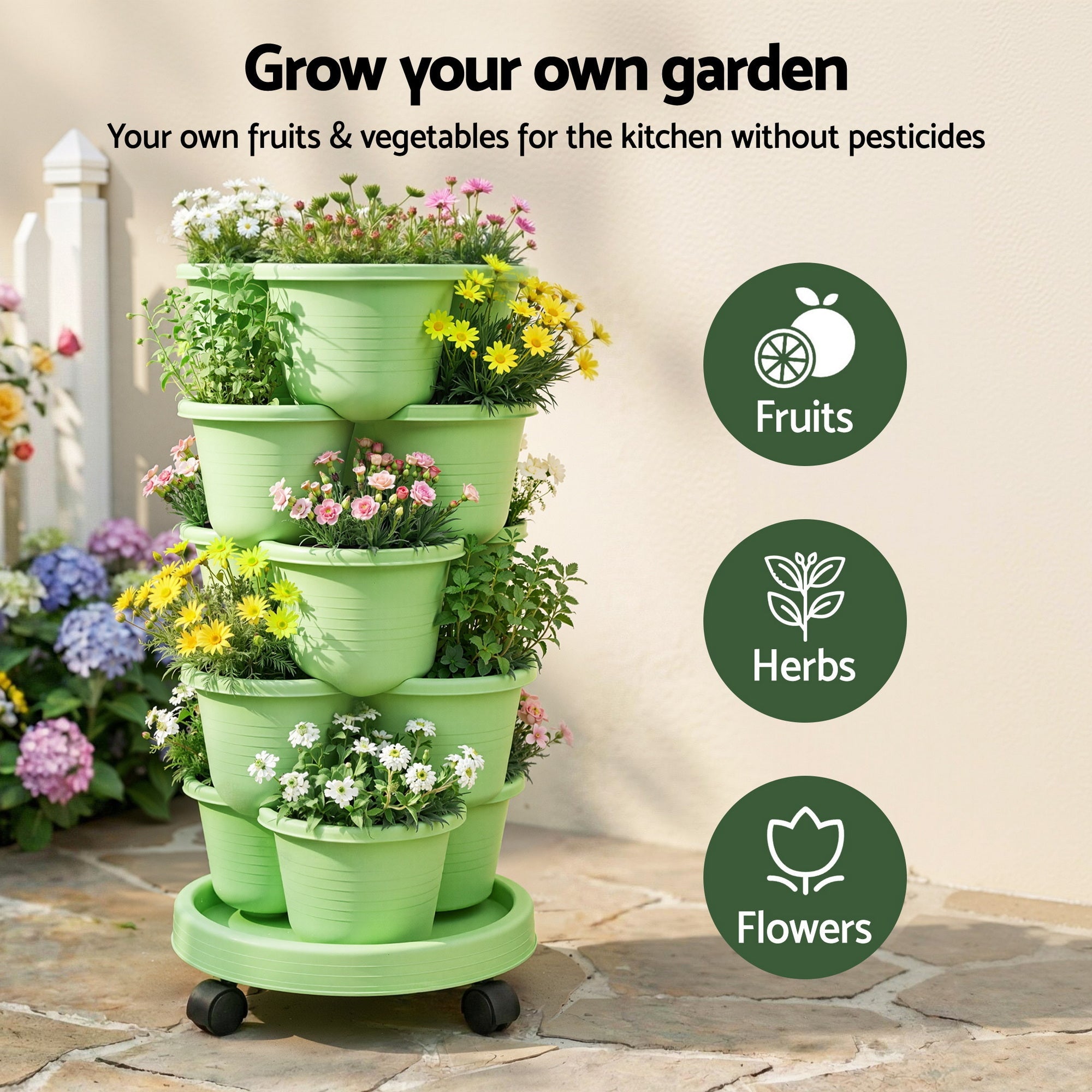 5 Tier Vertical Garden Planter, Stackable Planters with Wheels, Light Green, Garden Bed, Garden Tower Indoor Outdoor, Auto Drainage System, for Strawberries, Herbs, Flowers, Vegetables - Home & Garden > Artificial Plants > Pots, Planters & Accessories - Rivercity House & Home Co. (ABN 18 642 972 209) - Affordable Modern Furniture Australia