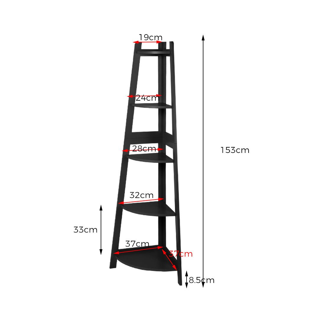 5 - Tier Wooden Corner Shelf Storage Unit - Black - Rivercity House & Home Co. (ABN 18 642 972 209) - Affordable Modern Furniture Australia
