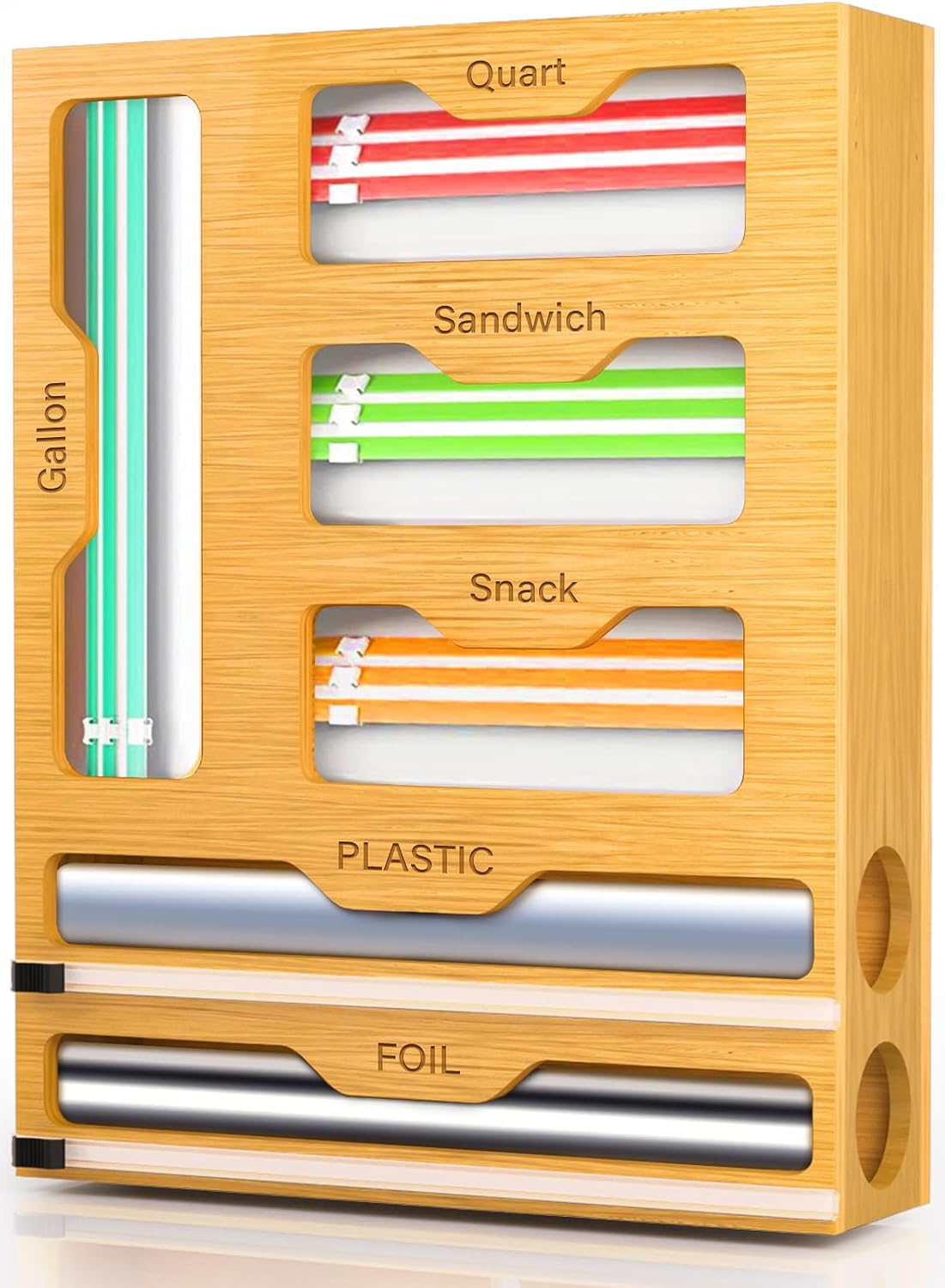 6 - in - 1 Bamboo Kitchen Drawer Organiser with Ziplock Storage, Wrap Dispenser & Cutter - Natural - Furniture > Office > Storage Cabinets - Rivercity House & Home Co. (ABN 18 642 972 209) - Affordable Modern Furniture Australia