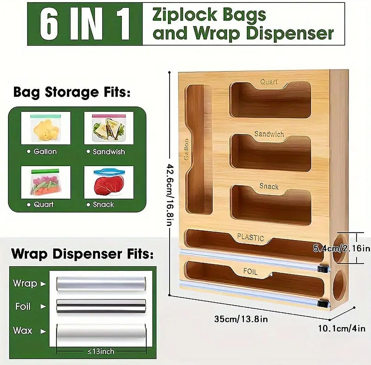 6 - in - 1 Bamboo Kitchen Drawer Organiser with Ziplock Storage, Wrap Dispenser & Cutter - Natural - Furniture > Office > Storage Cabinets - Rivercity House & Home Co. (ABN 18 642 972 209) - Affordable Modern Furniture Australia