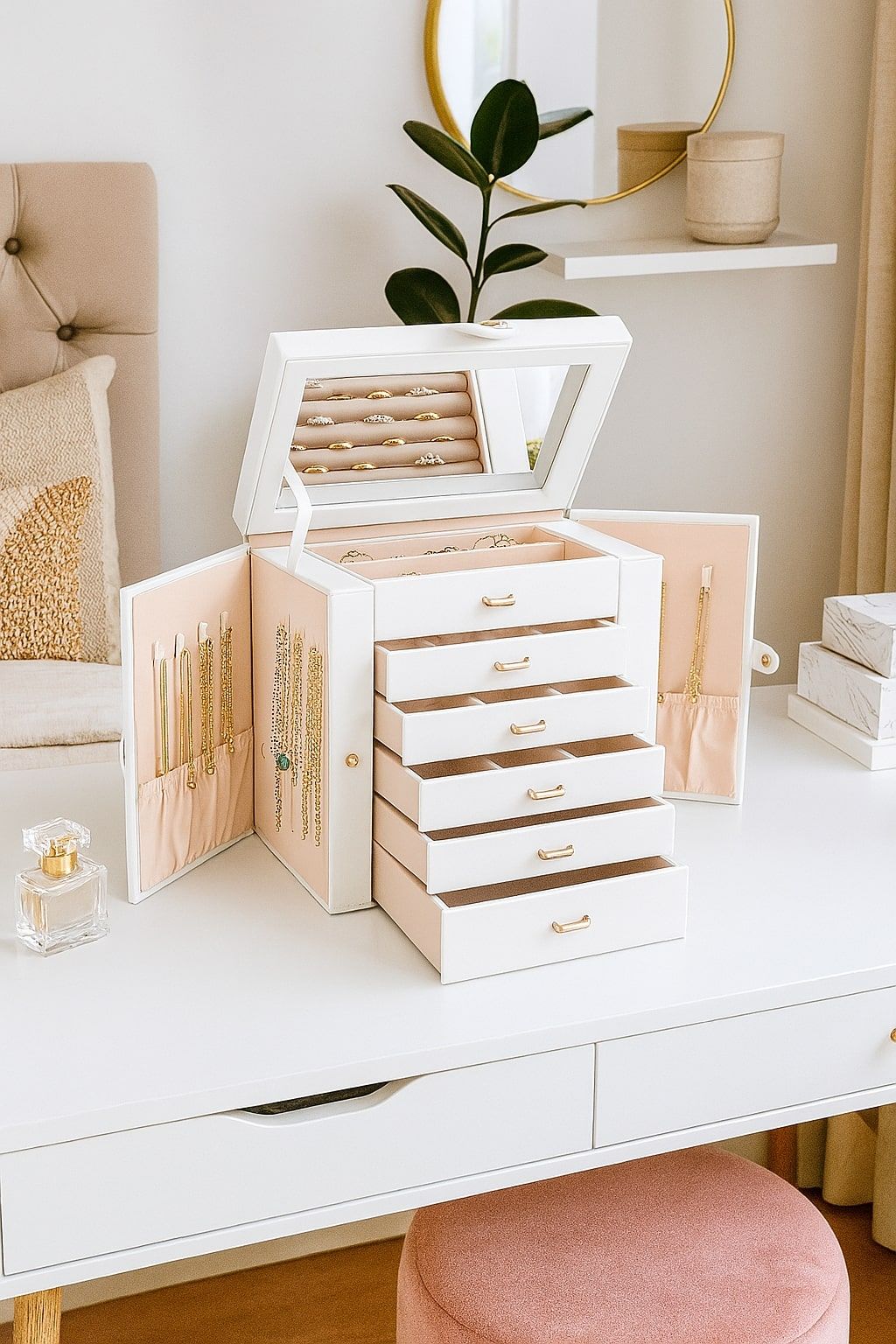 6 - Layer Large Jewelry Box for Women withDrawers, Mirror, Lock, Necklace Hooks & Side Compartments for Rings, Earrings, Bracelets, Gifts (White) - Fashion > Women's Fashion > Women's Jewellery - Rivercity House & Home Co. (ABN 18 642 972 209) - Affordable Modern Furniture Australia
