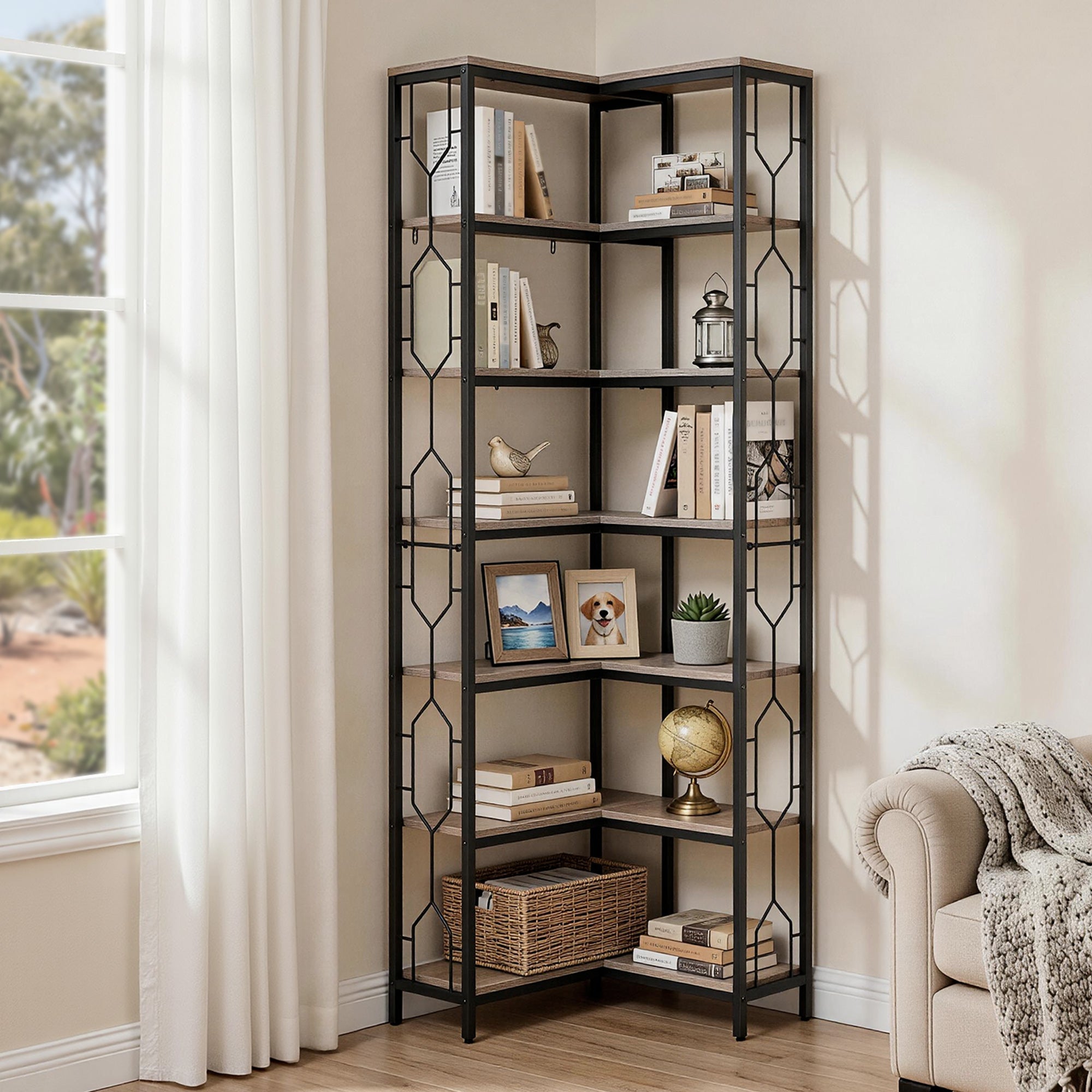 6 Tiers Bookshelf Corner Shelf Bookcase Display Shelves Oak - Furniture > Living Room > Bookcases & Shelves - Rivercity House & Home Co. (ABN 18 642 972 209) - Affordable Modern Furniture Australia
