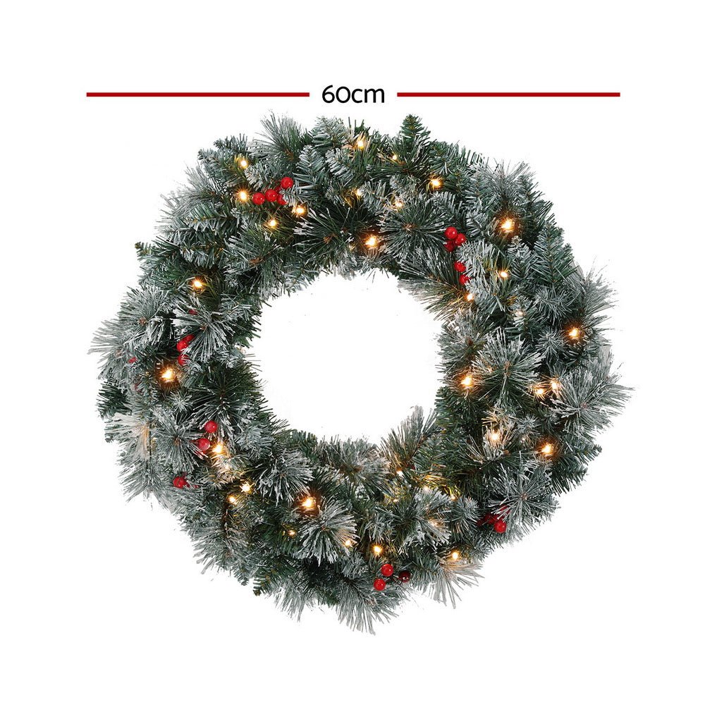 60cm Christmas Wreath LED Lights Snowy Berries Garland Party Decor - Occasions > Christmas > Christmas Wreaths & Garlands - Rivercity House & Home Co. (ABN 18 642 972 209) - Affordable Modern Furniture Australia