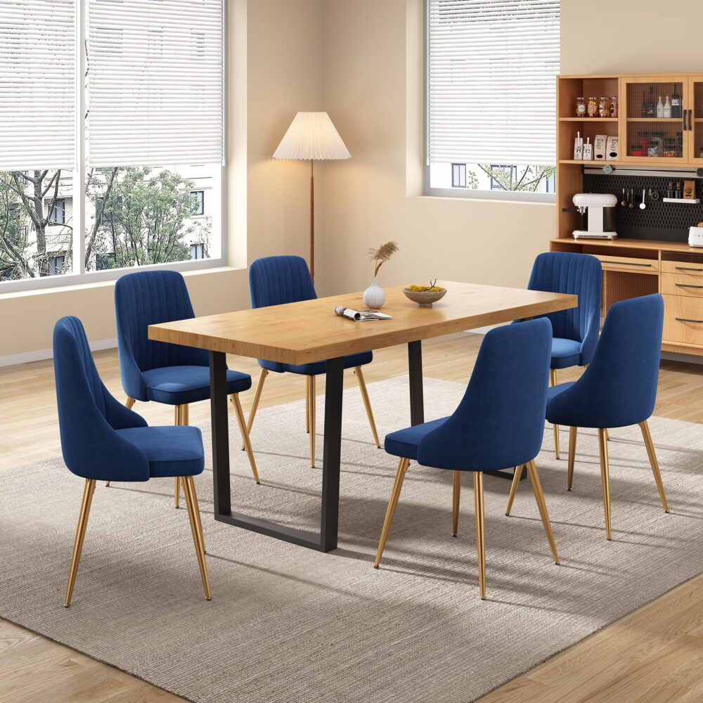 7 Piece Dining Set with Matching Rectangular Table and 6 Blue Velvet Chairs - Furniture > Outdoor - Rivercity House & Home Co. (ABN 18 642 972 209) - Affordable Modern Furniture Australia