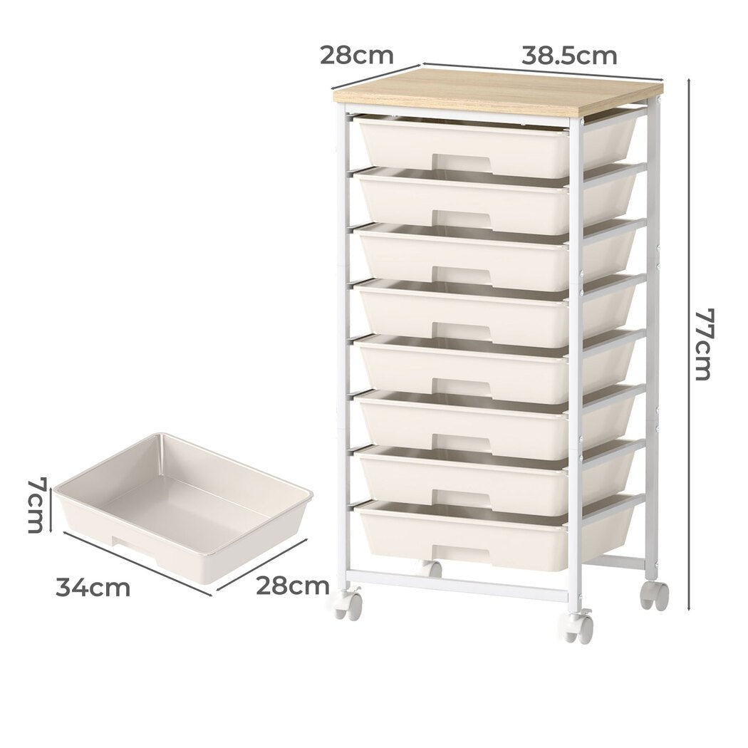 8 Drawer Mobile Storage Trolley with Wooden Top and Swivel Wheels - Natural - Rivercity House & Home Co. (ABN 18 642 972 209) - Affordable Modern Furniture Australia