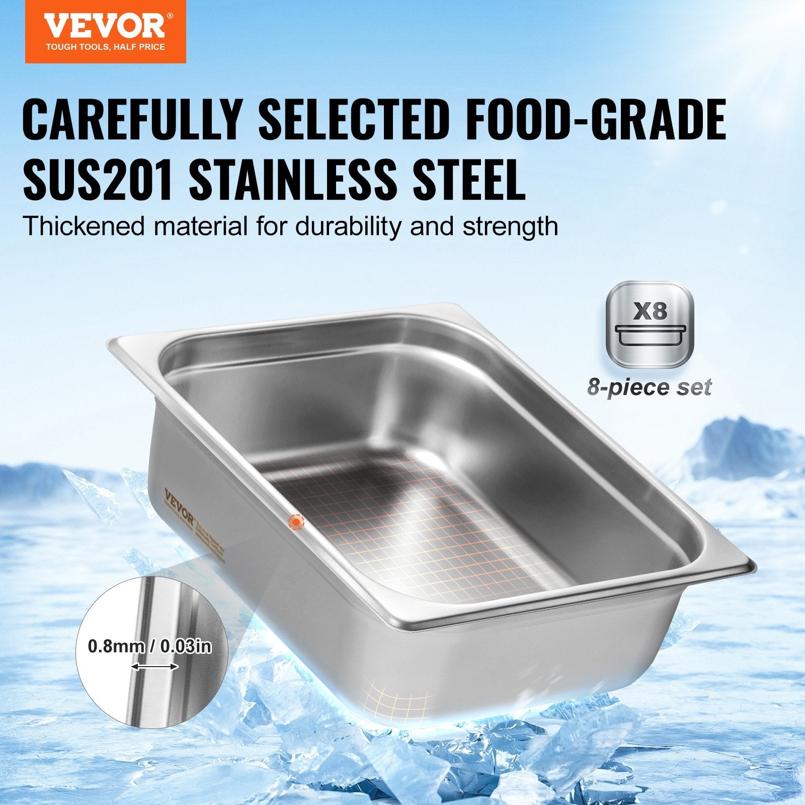 8 Pack Hotel Pans, 1/2 Size Anti - Jam Steam Pan with Lid, 0.8mm Thick Stainless Steel Steam Table Pan, 4 - Inch Deep Commercial Table Pan, Catering Storage Food Pan, for Industrial & Scientific - Home & Garden > Kitchenware > Food Storage - Rivercity House & Home Co. (ABN 18 642 972 209) - Affordable Modern Furniture Australia