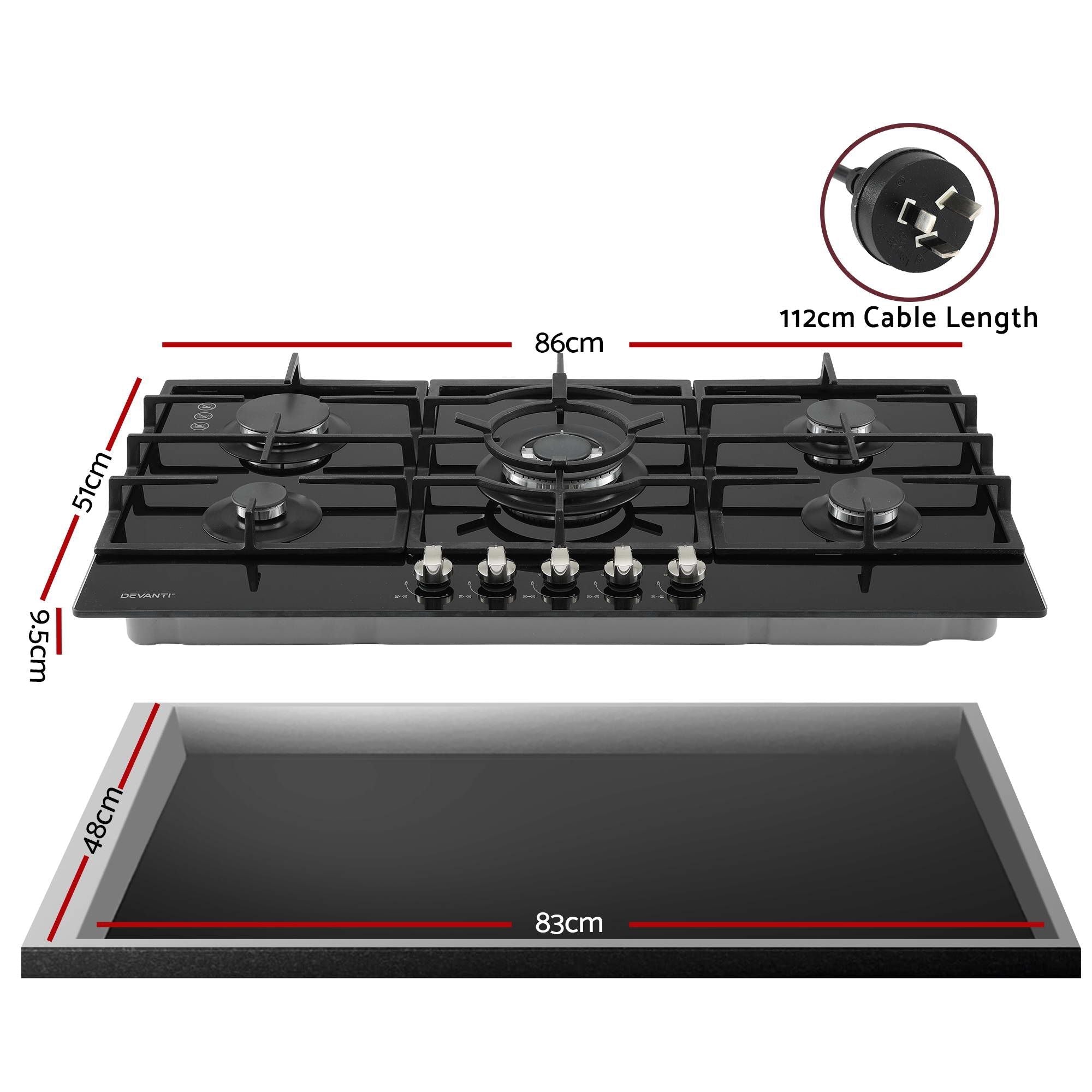 90cm Gas Cooktop 5 Burner LPG NG Tempered Glass Hob Black - Appliances > Kitchen Appliances > Cooktops & Stoves - Rivercity House & Home Co. (ABN 18 642 972 209) - Affordable Modern Furniture Australia