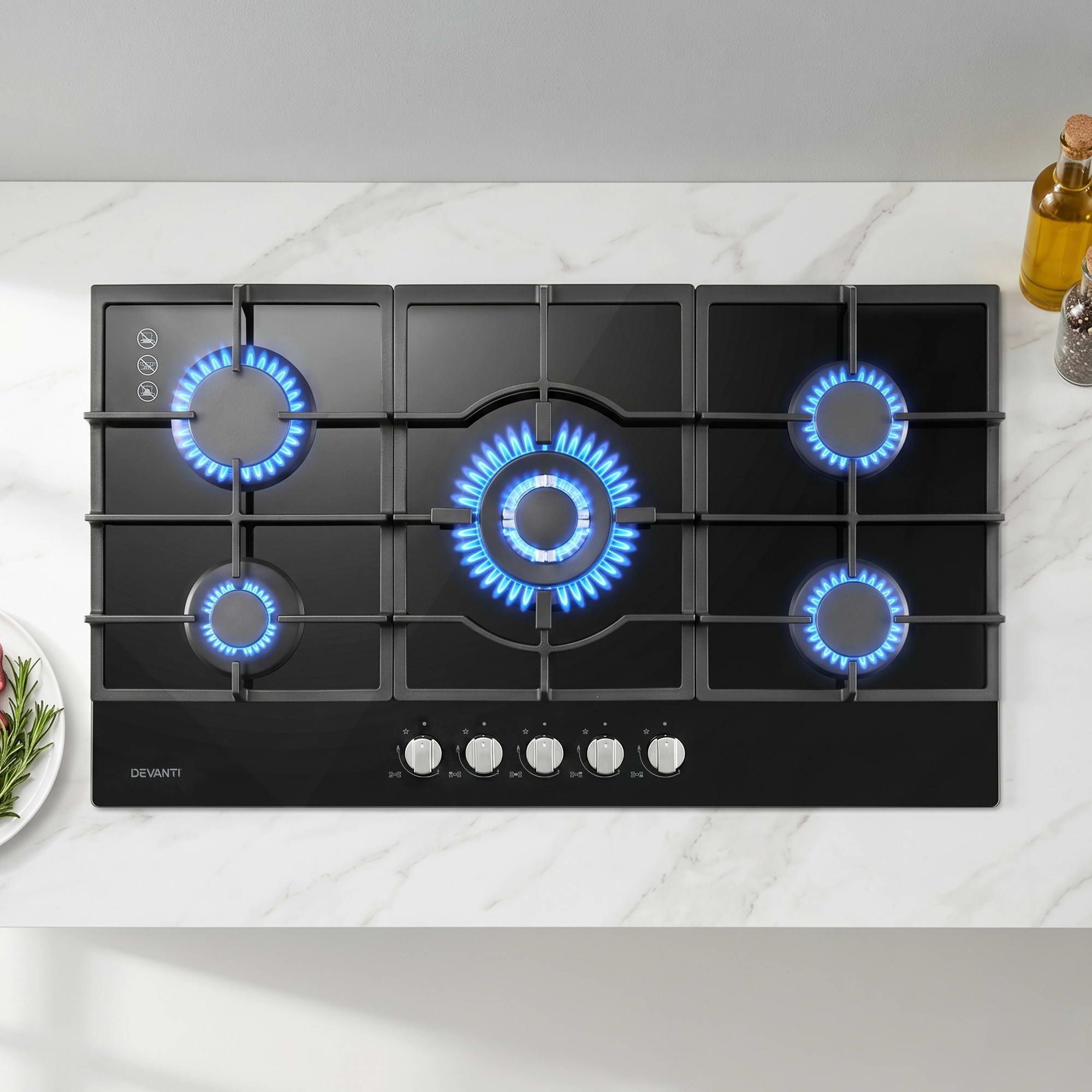 90cm Gas Cooktop 5 Burner LPG NG Tempered Glass Hob Black - Appliances > Kitchen Appliances > Cooktops & Stoves - Rivercity House & Home Co. (ABN 18 642 972 209) - Affordable Modern Furniture Australia