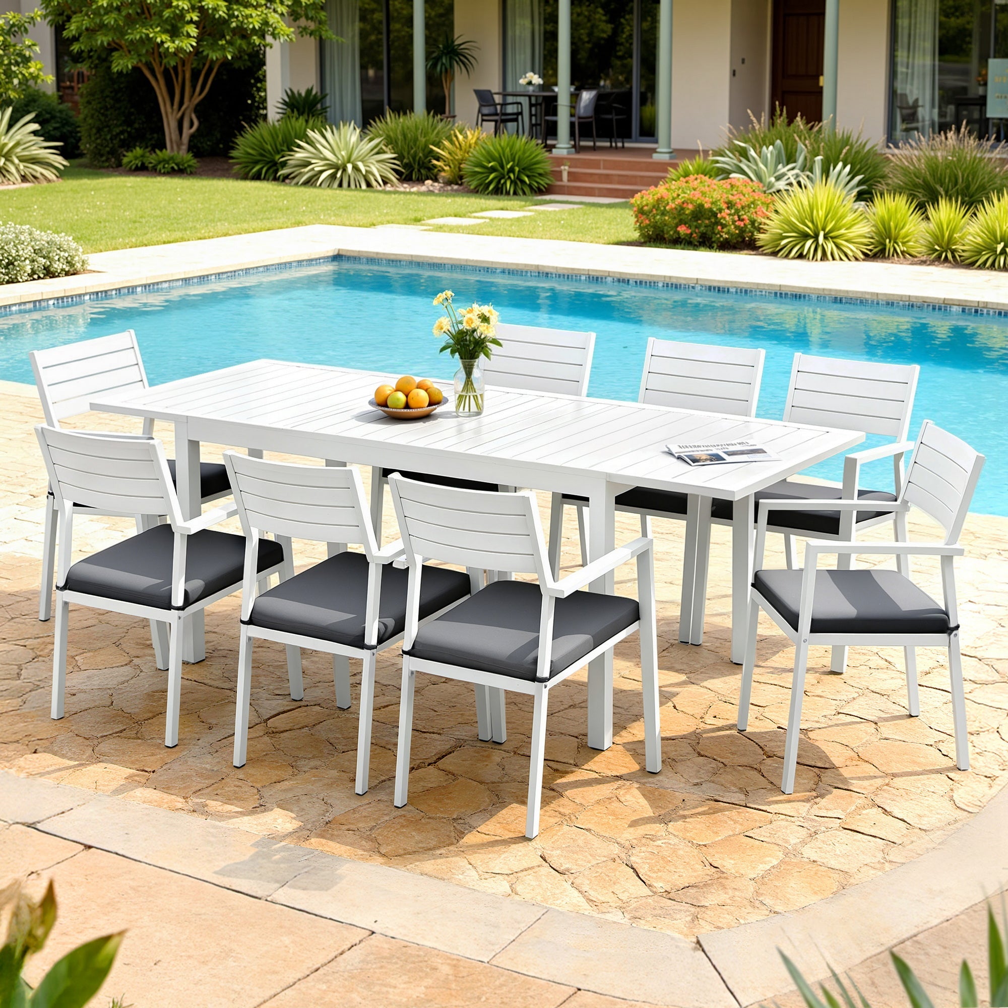 9PCS Outdoor Extendable Aluminum Dining Set with Cushions - White - Furniture > Outdoor > Outdoor Dining Sets - Rivercity House & Home Co. (ABN 18 642 972 209) - Affordable Modern Furniture Australia