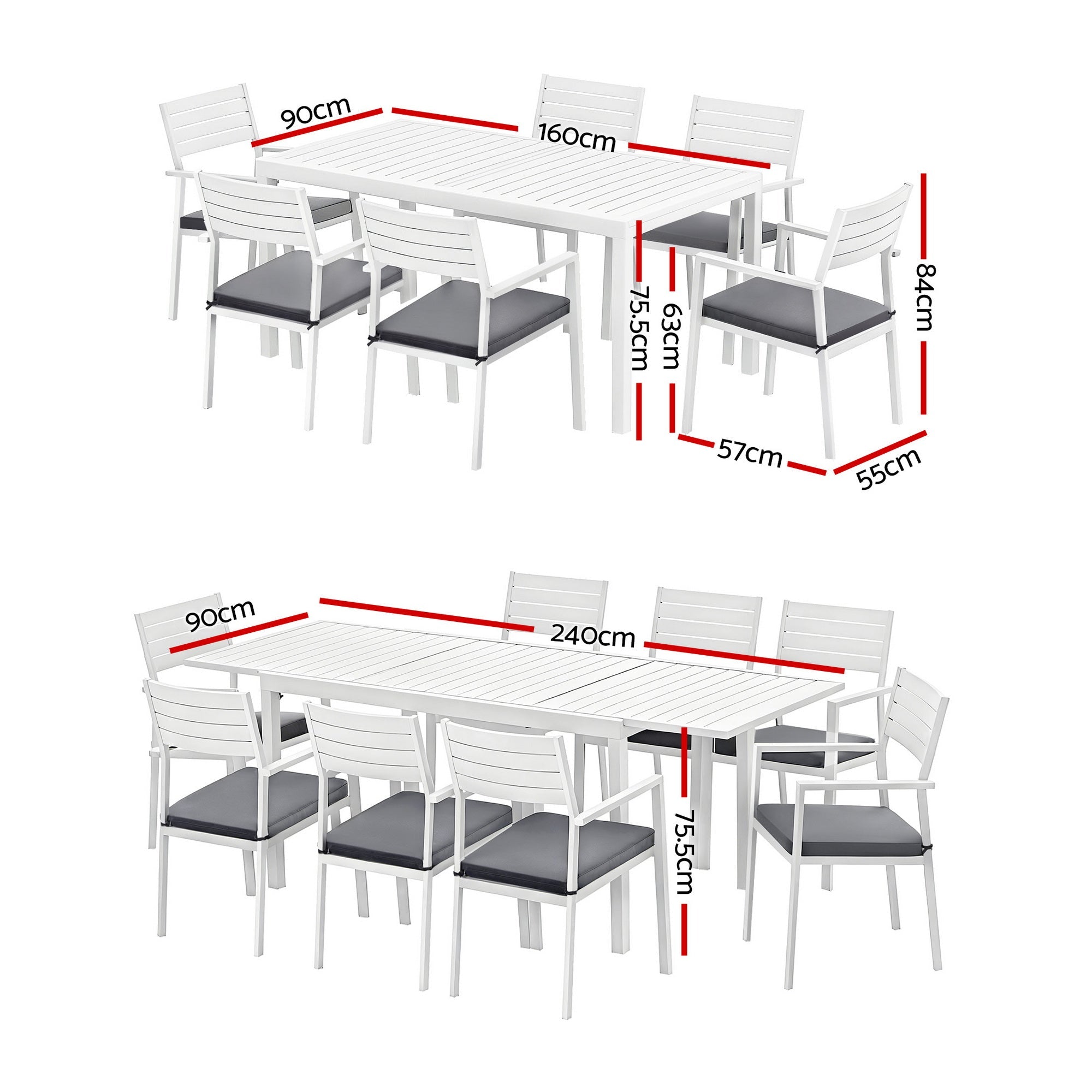 9PCS Outdoor Extendable Aluminum Dining Set with Cushions - White - Furniture > Outdoor > Outdoor Dining Sets - Rivercity House & Home Co. (ABN 18 642 972 209) - Affordable Modern Furniture Australia