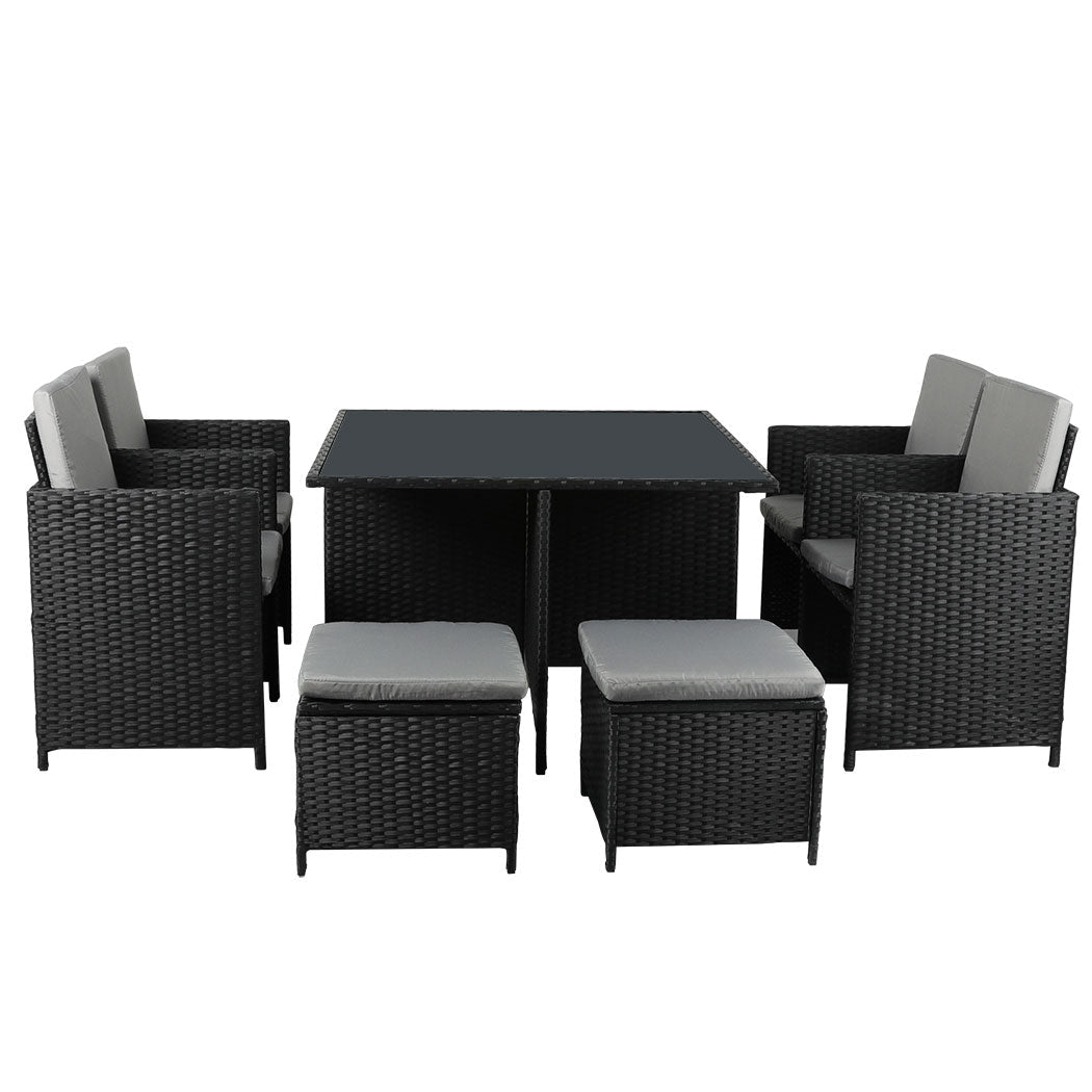9PCS Outdoor Table, Chairs & Ottomans Set with Cushions - Black - Rivercity House & Home Co. (ABN 18 642 972 209) - Affordable Modern Furniture Australia